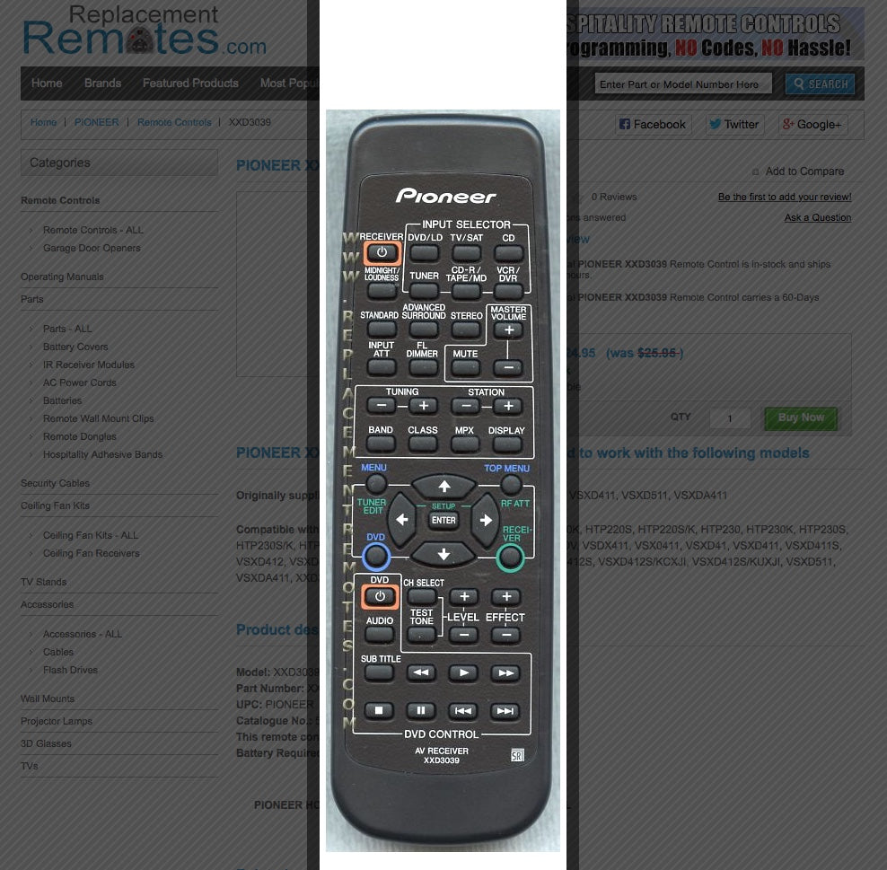 PIONEER XXD3039 DVD Player Remote Control