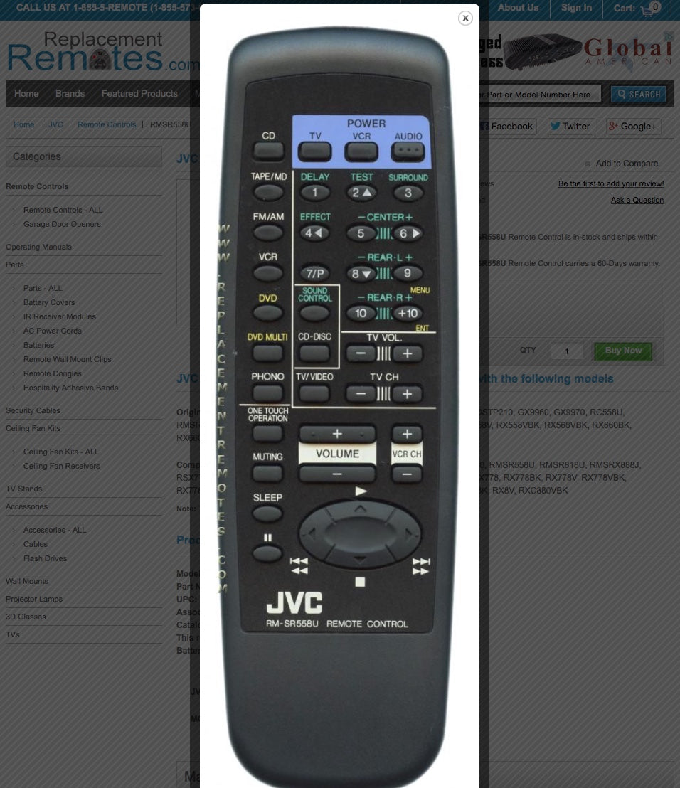 JVC RMSR558U Audio/Video Receiver Remote Control