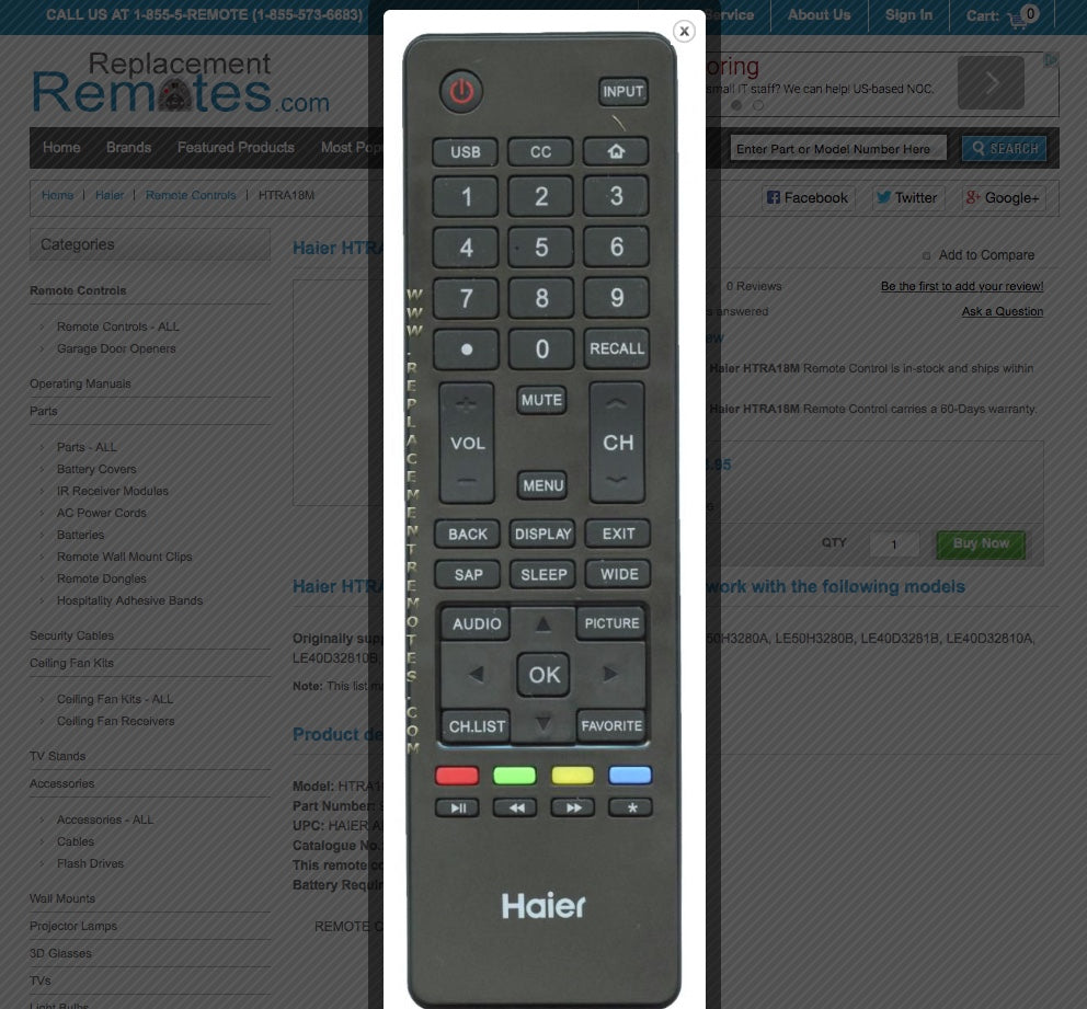 Haier HTRA18M TV Remote Control