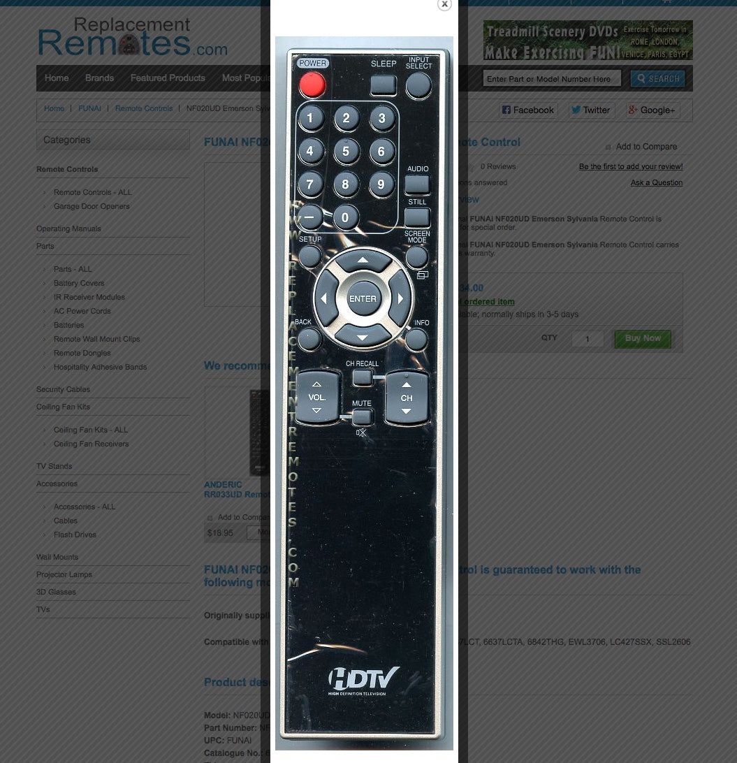 FUNAI NF020UD Emerson Sylvania LCD TV Remote Control