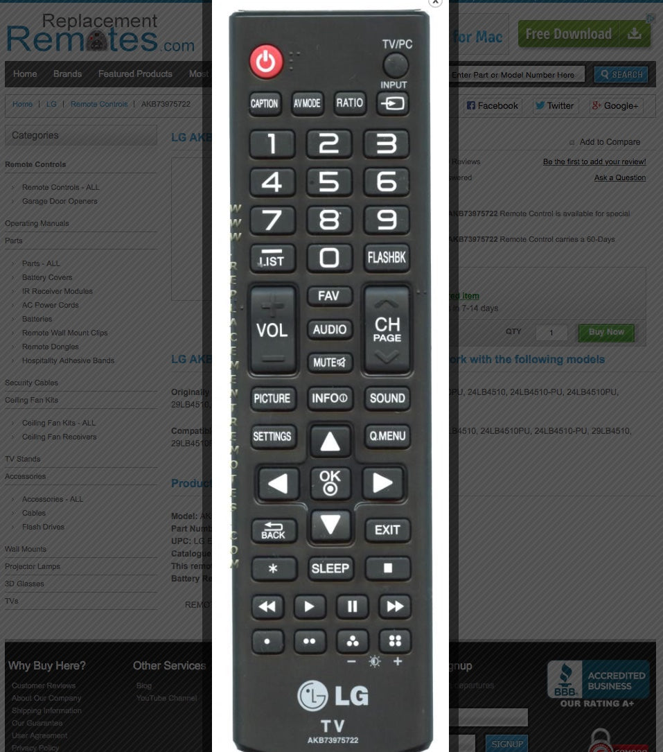 LG AKB73975722 TV Remote Control