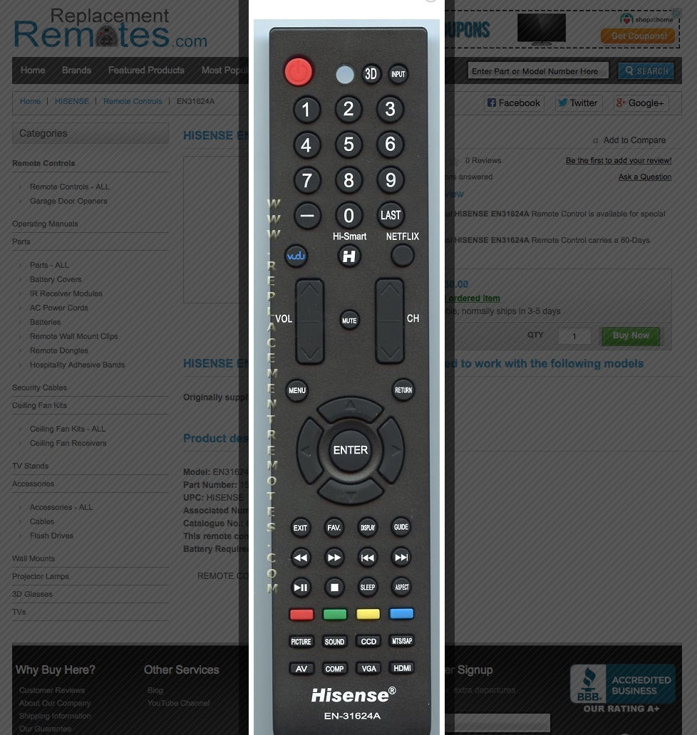 HISENSE EN31624A LCD TV Remote Control