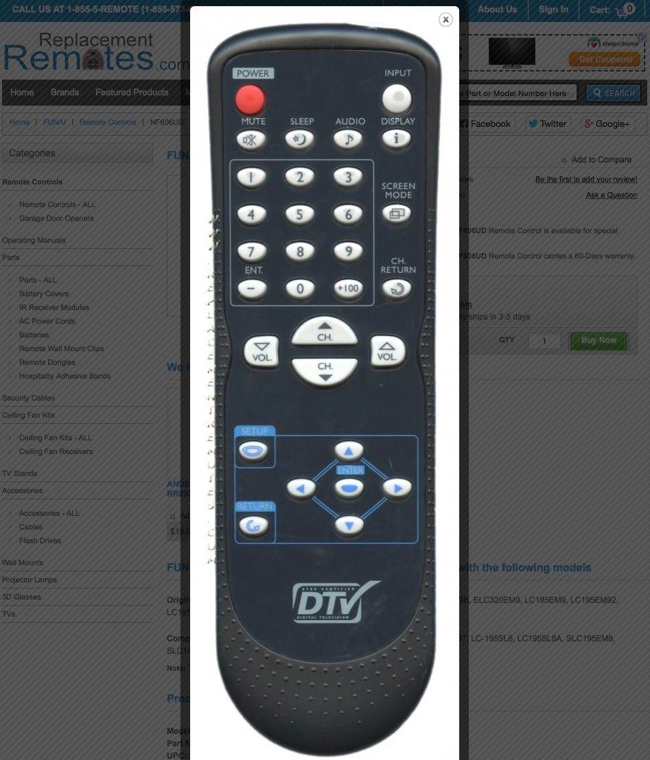 FUNAI NF606UD TV Remote Control