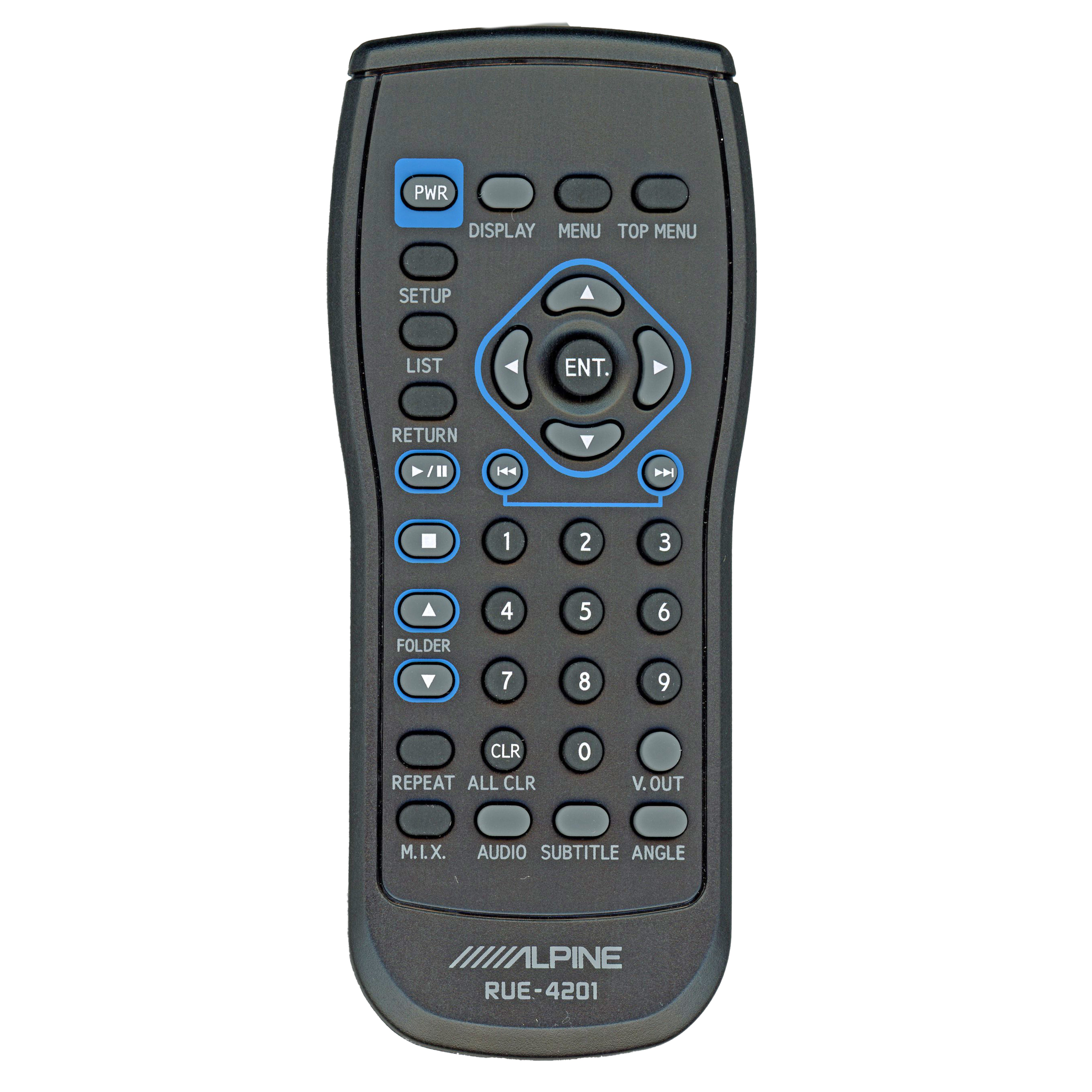 The Alpine RUE-4201 stereo remote, model 01T75472Y01, in black, includes buttons for power, display, menu, setup, a number pad, and navigation.