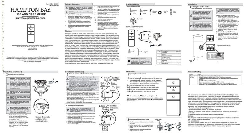 Télécommande universelle 3 vitesses pour ventilateur de plafond Hampton Bay KUJCE10318