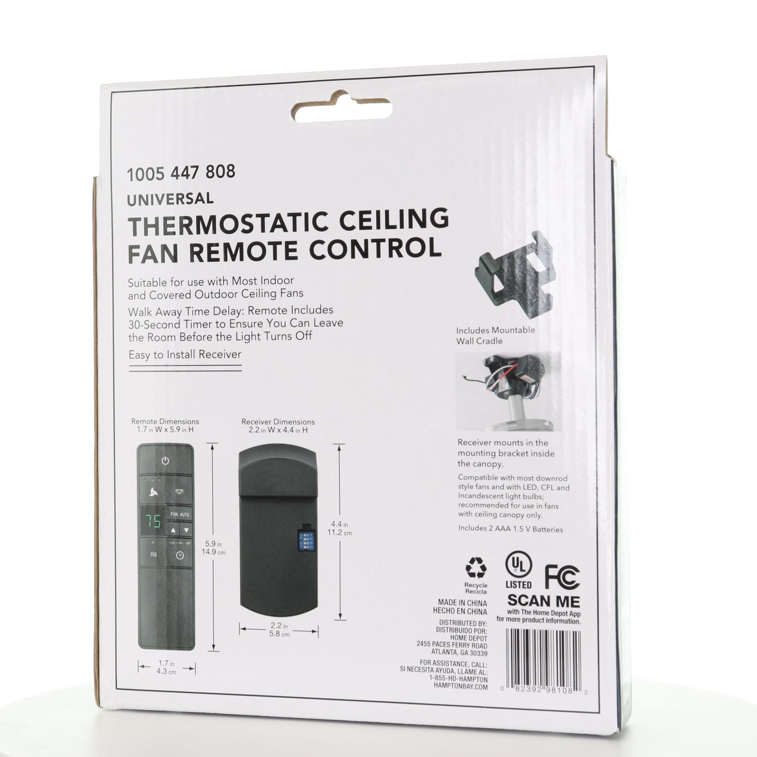 Kit de ventilador de techo universal Hampton Bay de 3 velocidades con control remoto termostático (resistente a la humedad)