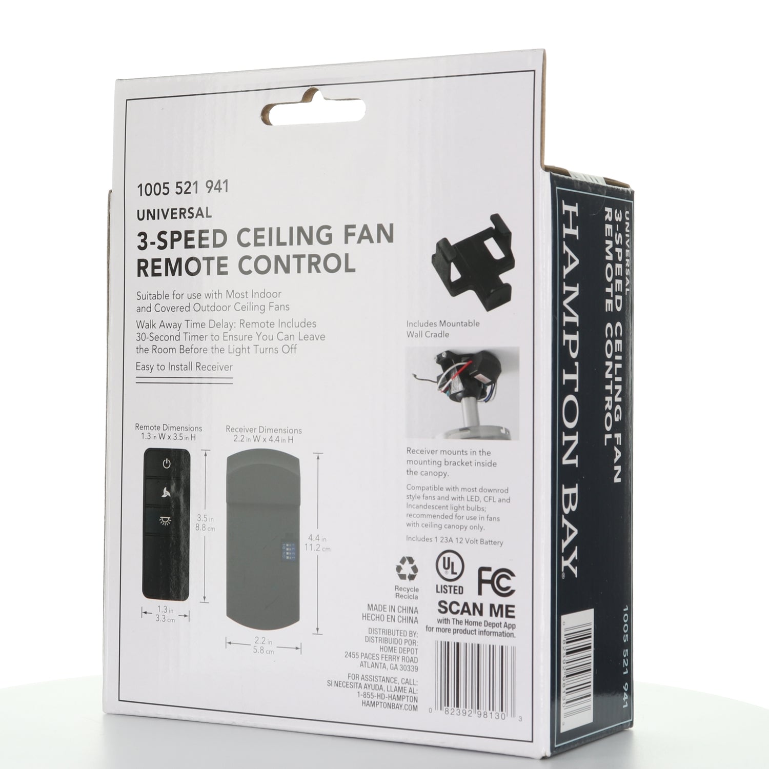 Kit de ventilador de techo universal Hampton Bay de 3 velocidades con control remoto y atenuación