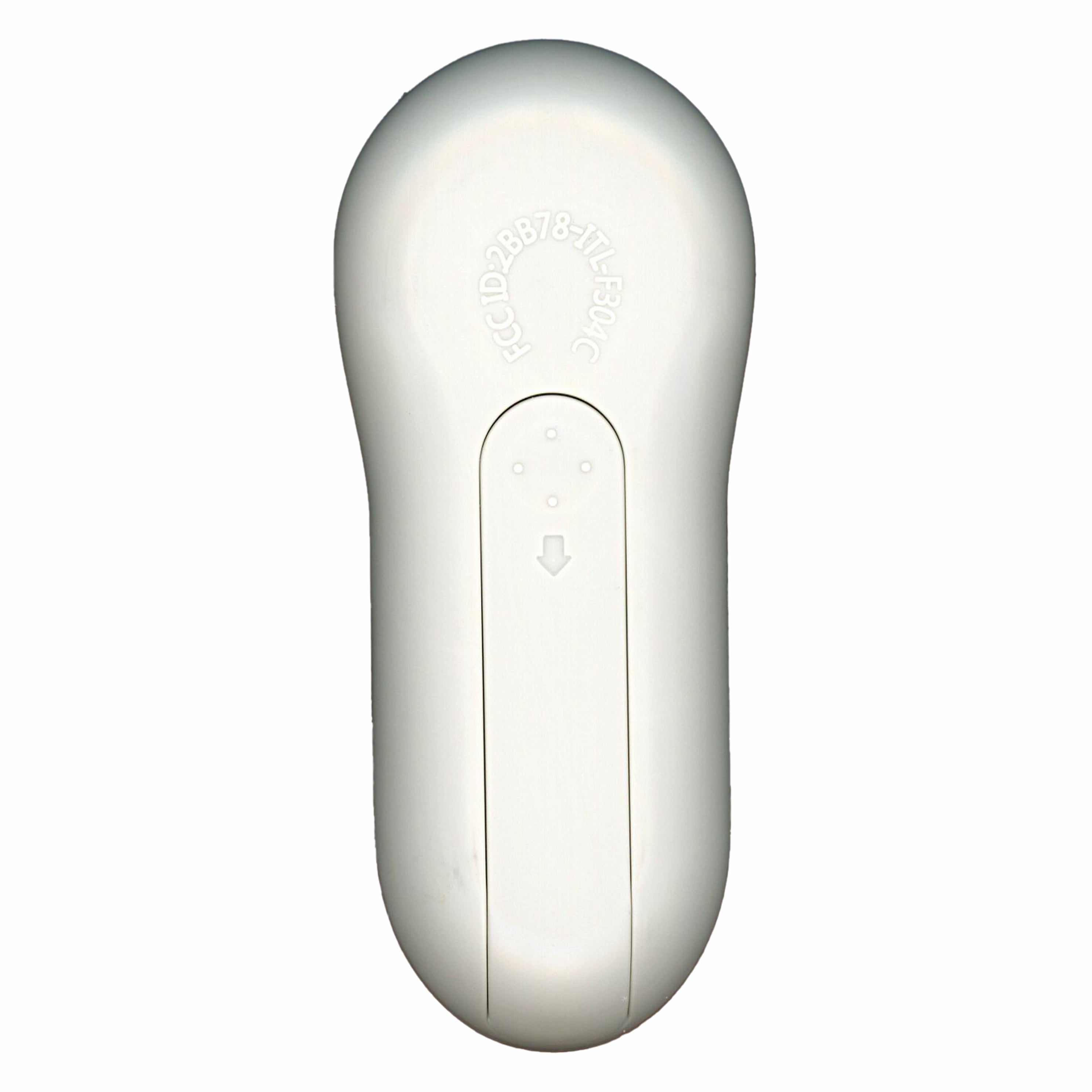 The Harbor Breeze 2BB78-ITL-F304C Ceiling Fan Remote for Mazon is a white, ergonomically designed electronic device featuring a textured spot with two dots, an arrow symbol, and engraved text, making it perfect for effortlessly controlling your Mazon Ceiling Fan.