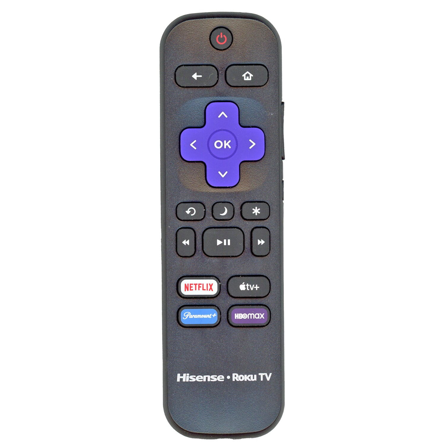 The Hisense RC-ALIR 2024 Roku TV Remote (model 3026000064) includes a directional pad, power button, volume controls, and shortcuts for Apple TV+, Netflix, Disney+, Paramount+, and HBO Max.