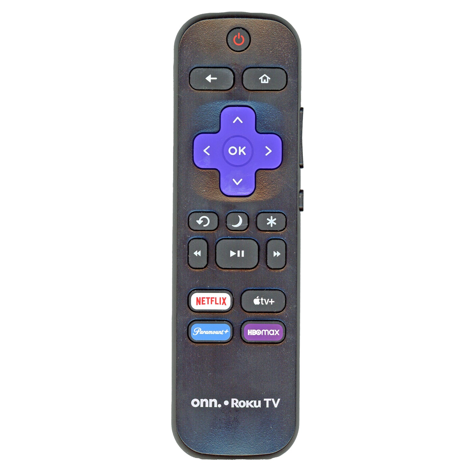 The ONN RC-ALIR 2024 Roku TV Remote Control (3026000066) has purple buttons and intuitive controls for Netflix, Disney+, Apple TV, Paramount+, and HBO Max. With "onn. Roku TV" branding at the bottom, it seamlessly enhances your viewing experience.