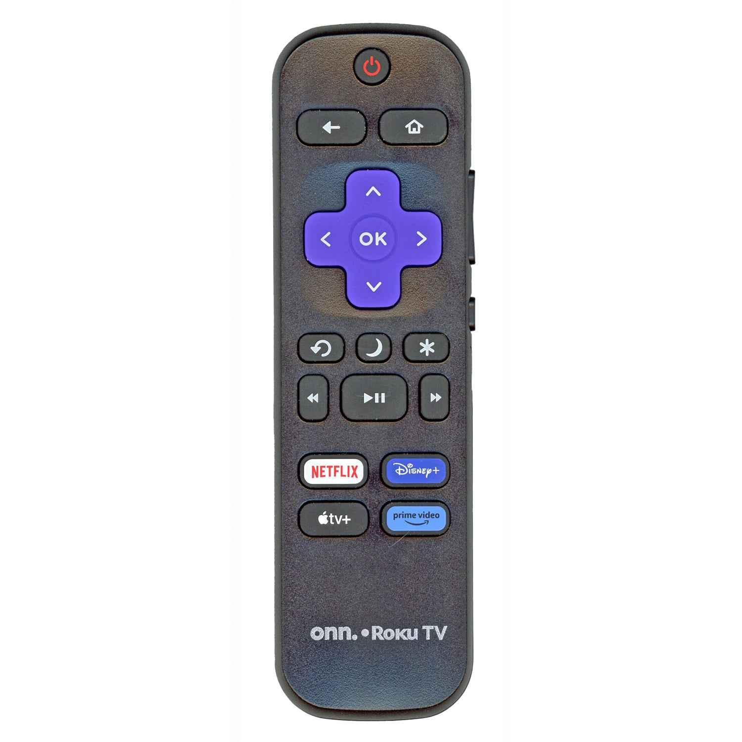 The ONN RCALIR 2024 Roku TV Remote (3026000173) comes in sleek black with distinctive purple navigation buttons and convenient streaming shortcuts for Netflix, Disney+, Apple TV+, and Prime Video.