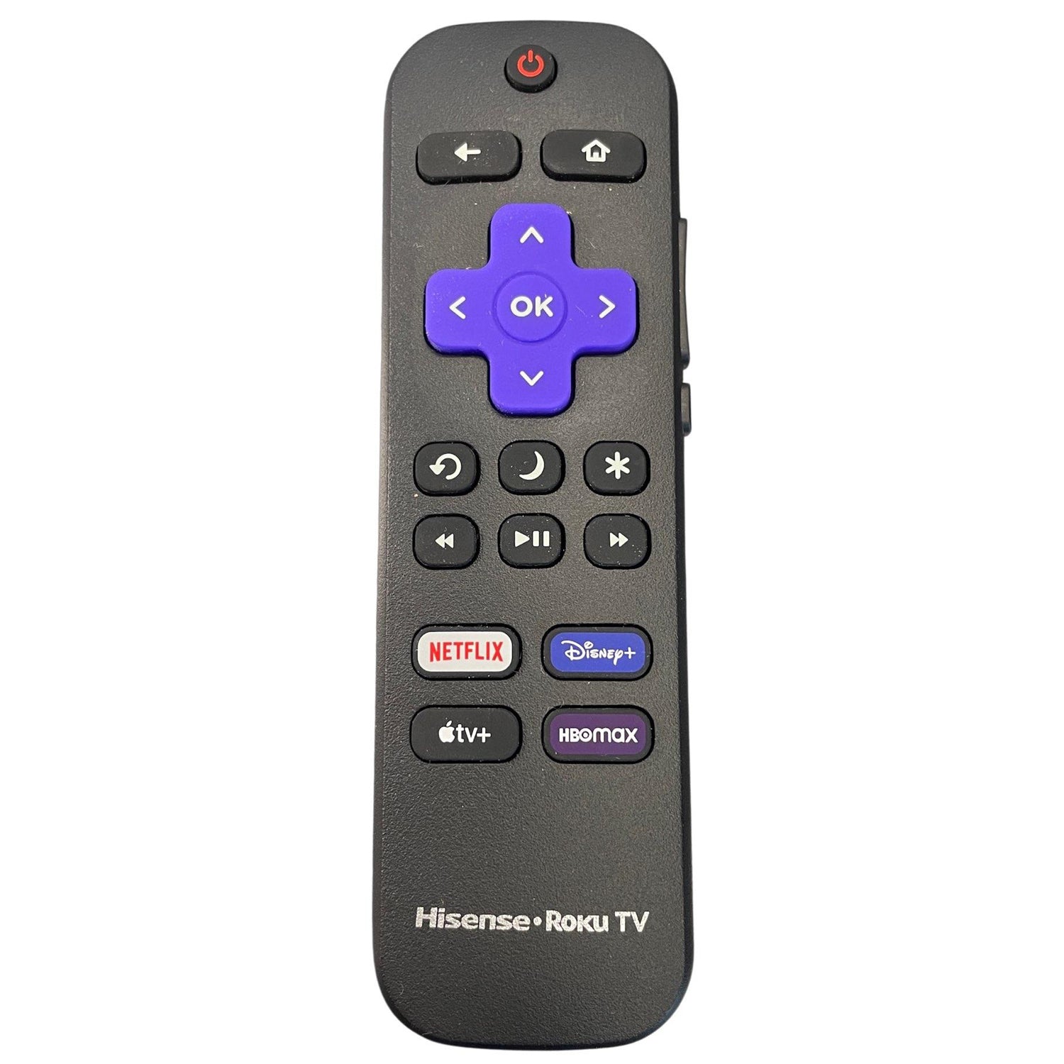 The Hisense RCALIR/3226001217 Roku TV Remote (2022/2023) features a stylish purple navigation pad, power button, and dedicated buttons for Netflix, Disney+, HBO Max, and Apple TV+, merging style with functionality.
