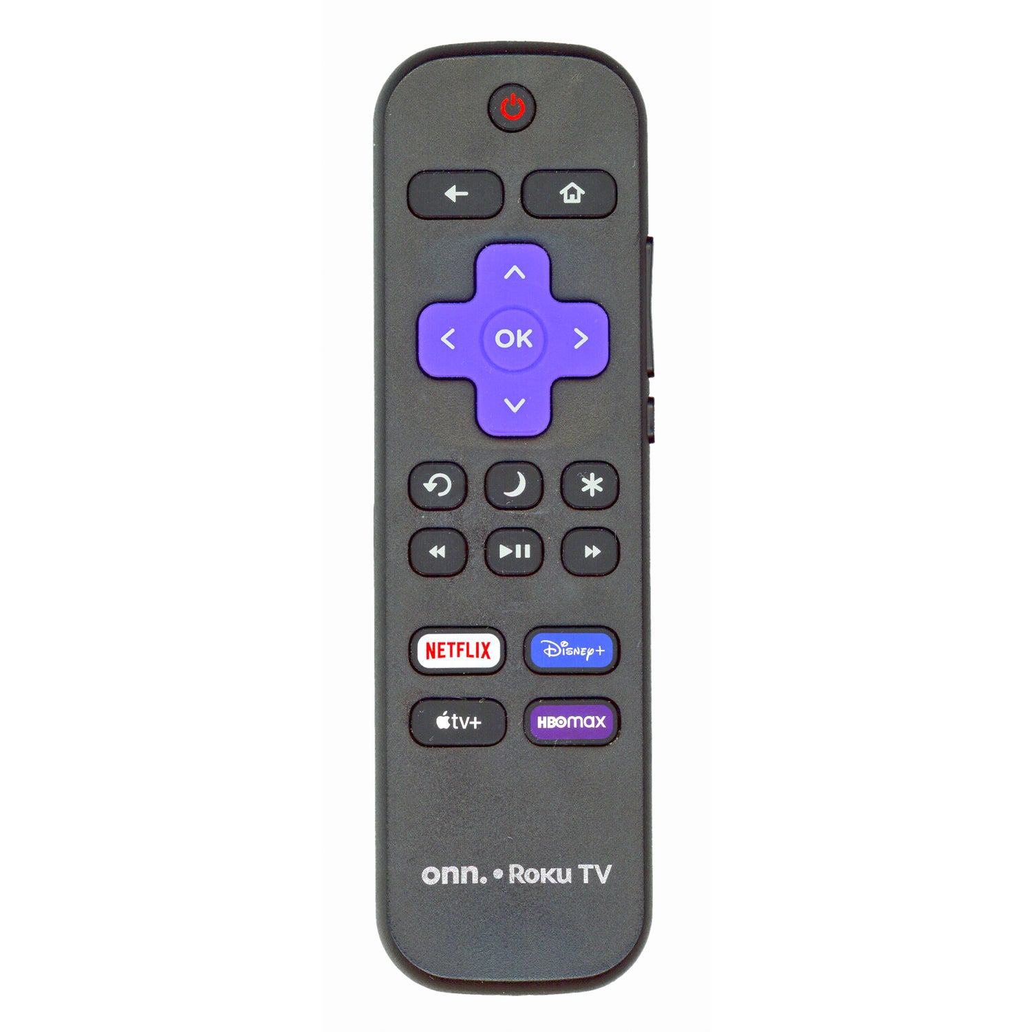 The ONN RCALIR 2022/2023 Roku TV Remote Control (3226001223) is a sleek black model with distinctive purple directional buttons and four convenient app shortcuts for Netflix, Disney+, Apple TV, and HBO Max.