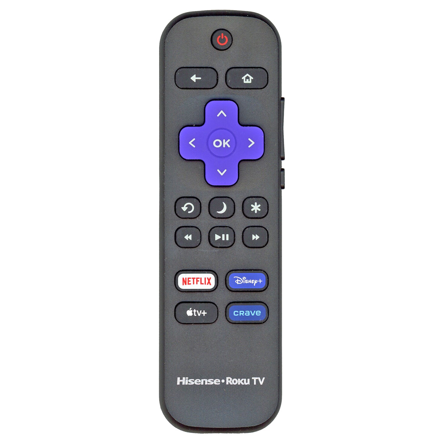 The Hisense RCALIR CANADA ROKU TV Remote Control - 3226001265 has purple navigation buttons with shortcuts for Netflix, Disney+, Apple TV, and Crave, ensuring seamless streaming on your Canada Roku TV.