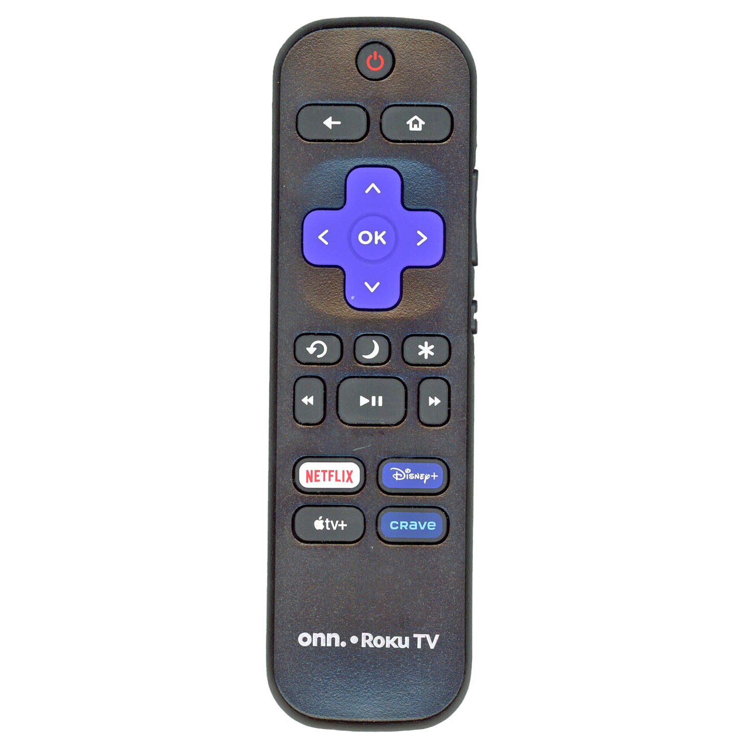 The ONN RC-ALIR 2024 Roku TV Remote Control (3226001320) offers a purple navigation pad, playback buttons, easy TV control, and quick access to Netflix, Disney+, Apple TV+, and Crave.