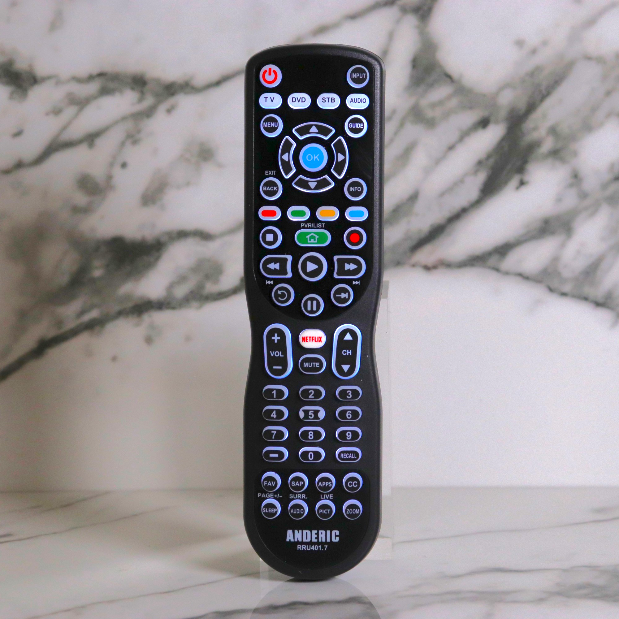 Anderic RRU401.7 4-Device Universal Remote Control with Backlight, Macro and Learning for TV, Cable, Streaming, DVD and more