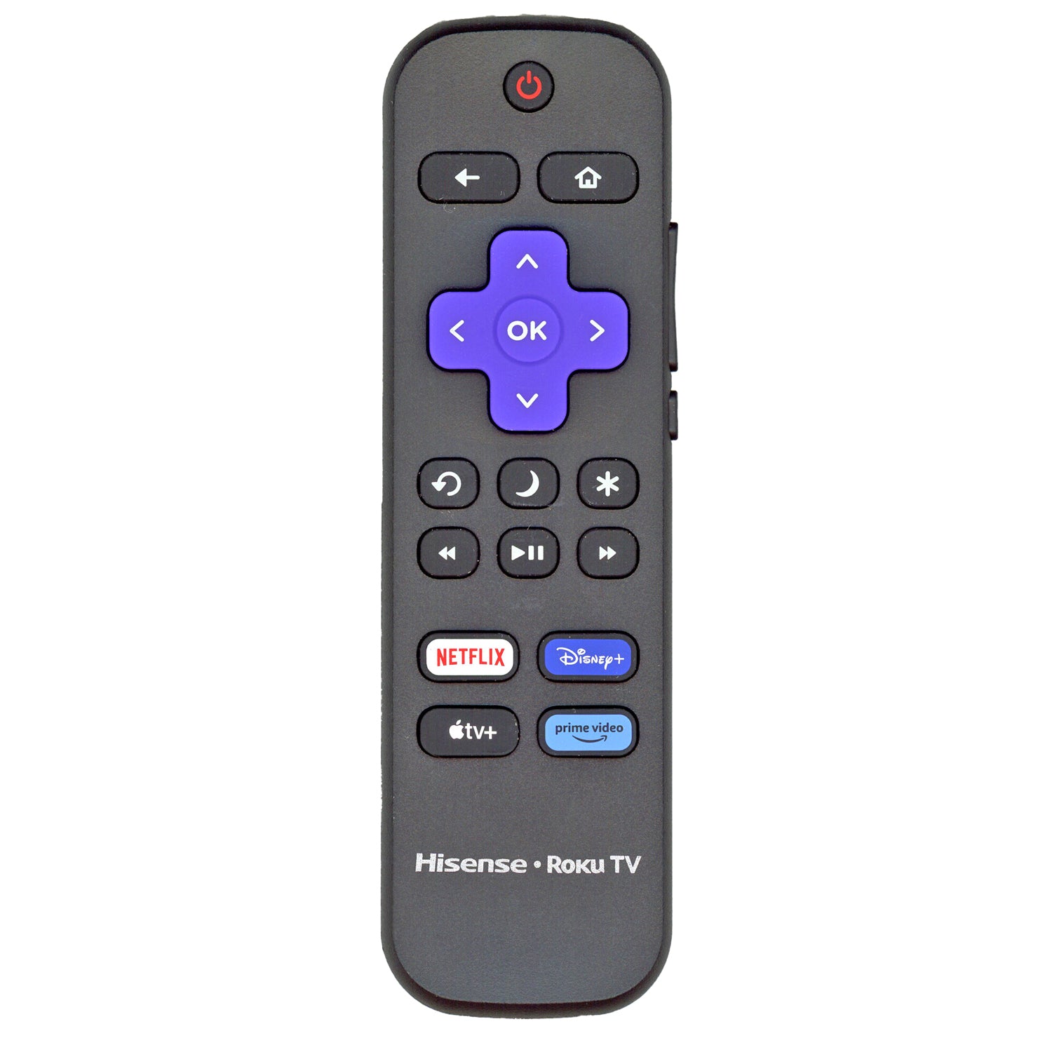 The HISENSE RC-ALIR / 3026000172 2024 Roku TV remote includes buttons for Netflix, Disney+, Apple TV, Prime Video, along with standard navigation and power controls.