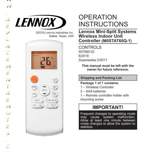 Control remoto para aire acondicionado Lennox M0STAT60Q-1 - M0STAT60Q-1
