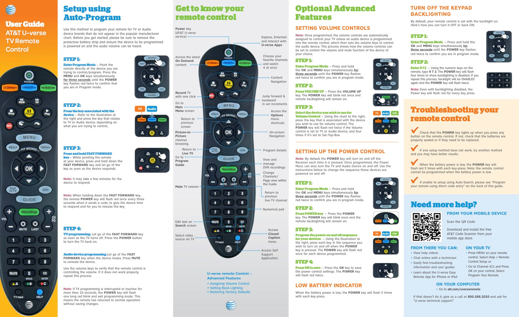 Explore the user guide for the AT&T S30S1B U-VERSE Cable Remote Control - 5601BC0001R. It covers setup, features, and troubleshooting with step-by-step instructions, remote illustrations, and a convenient QR code for additional support.