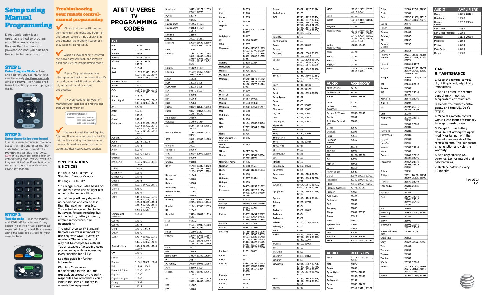 The AT&T S30S1B U-VERSE Cable Remote Control guide provides numeric codes for devices, setup instructions, and troubleshooting tips. It includes detailed maintenance information in a clear table format.