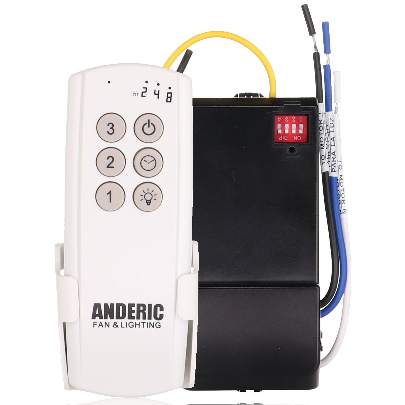 The Anderic 63T-AC83T-KIT Universal 3-Speed with Timer provides a remote control for fan speed and light, plus a wiring unit with exposed wires and labels.