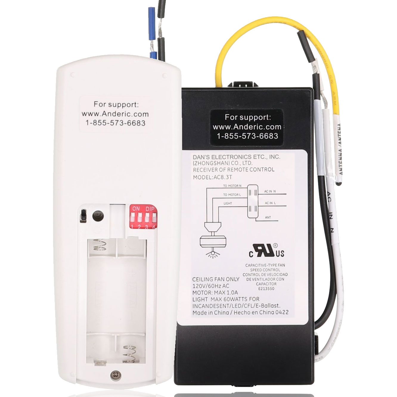 Two electronic components with support info: a rectangular receiver by Dan's Electronics Inc. featuring remote control and the Anderic 63T-AC83T-KIT, a white unit with labeled wiring for fan speed control.
