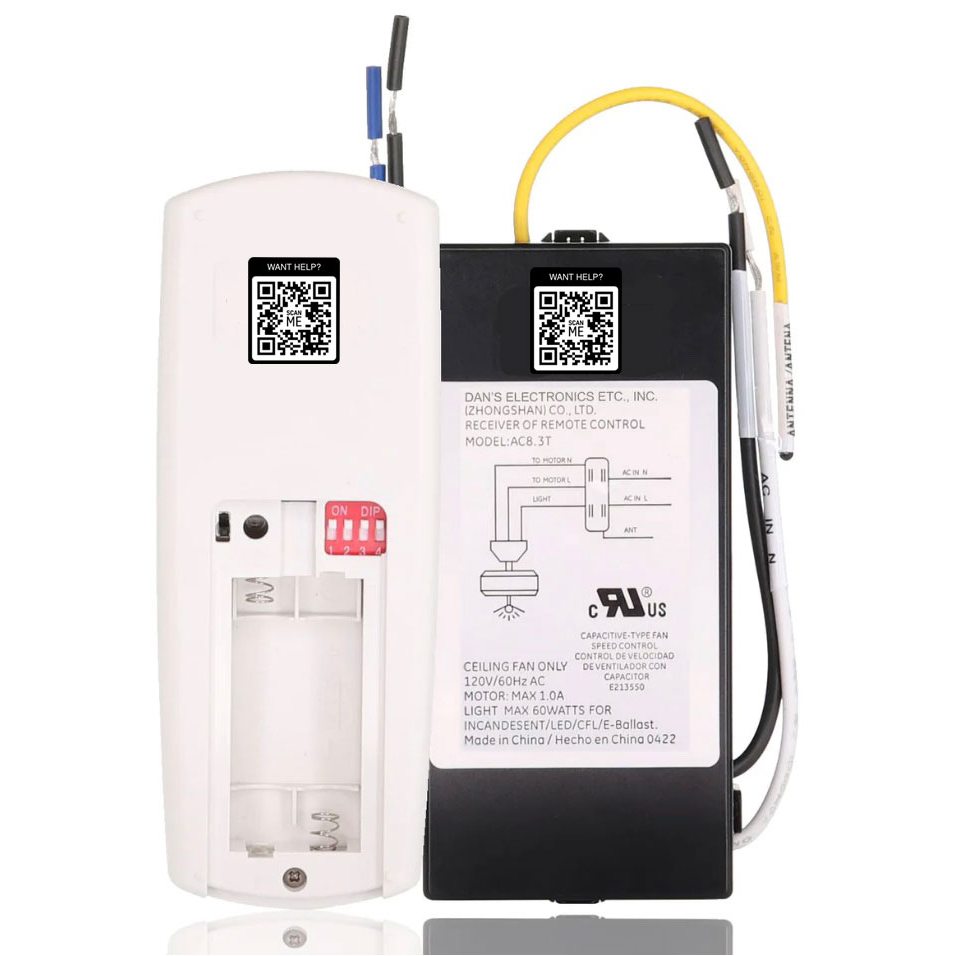 The Anderic 63T-AC83T-KIT Universal 3-Speed with Timer for LED Ceiling Fan Remote Control Kit is a white and black wireless receiver with advanced fan speed control, visible wiring, and attached QR codes on both components for easy installation.