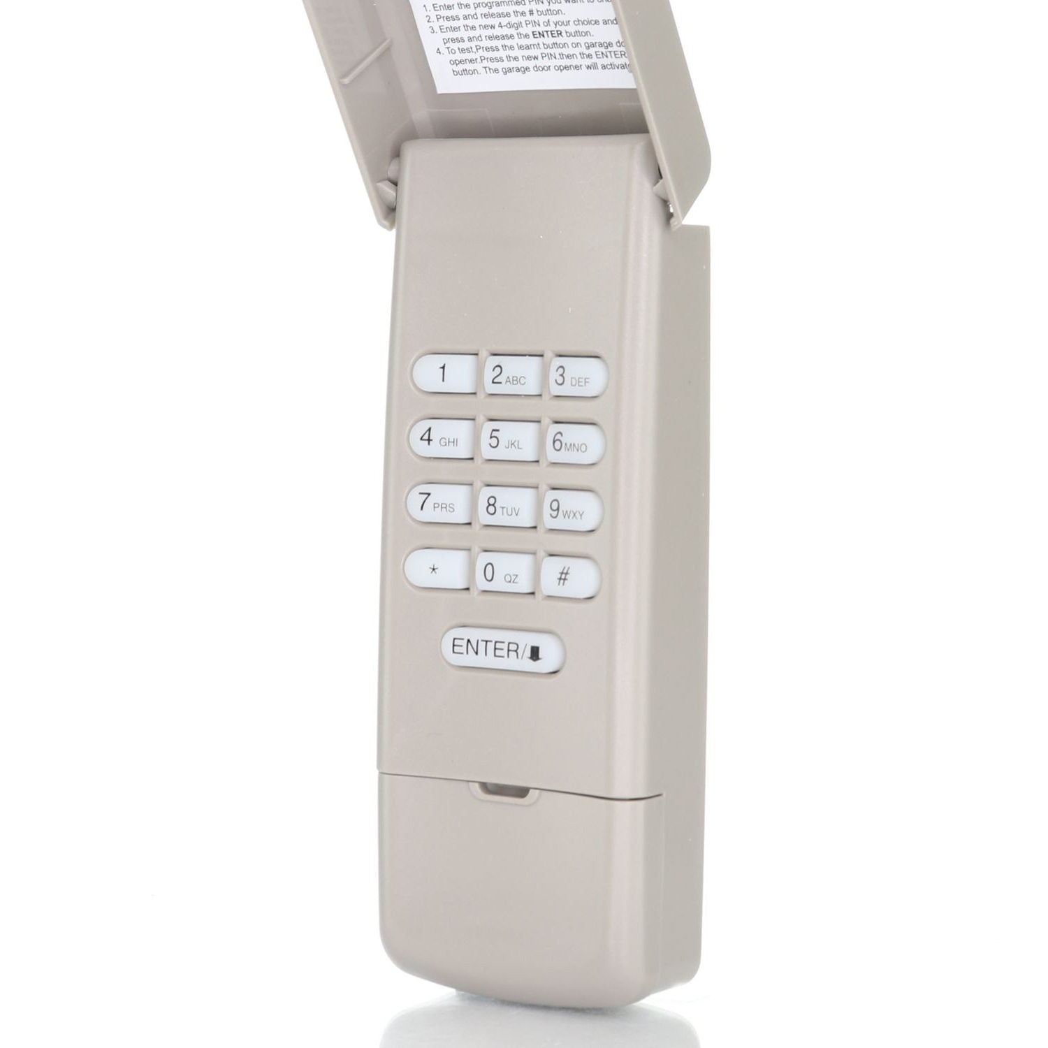 A beige wall-mounted keypad featuring numbers and an "ENTER" button, akin to the Anderic 877MAX Keypad compatible with Purple, Yellow, Green, Red, and Orange Learning Button Garage Door Openers, all neatly housed beneath a flip-up lid.