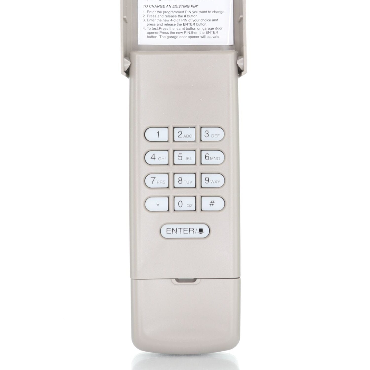 The Anderic 877MAX Keypad for Purple, Yellow, Green, Red, and Orange Learning Button Garage Door Openers features a beige keypad with numbers 0-9, code entry buttons, and an "ENTER" button. Universal compatibility is emphasized by the concealed compartment showing the keys.
