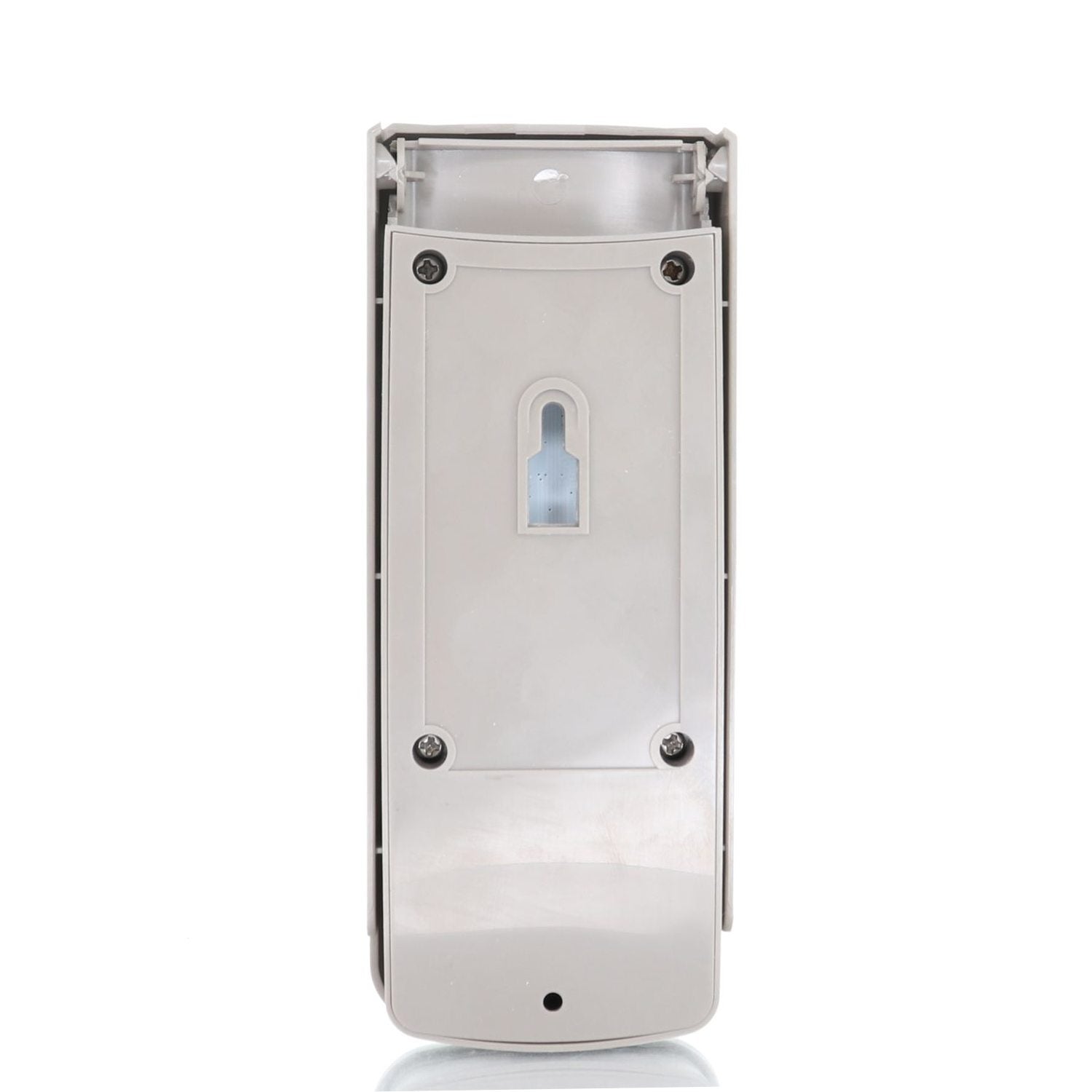 The back view of a white wall-mounted hand sanitizer dispenser with cover panel and four visible screws exhibits universal compatibility similar to the versatility of the Anderic 877MAX Keypad for Learning Button Garage Door Opener Remote Control.