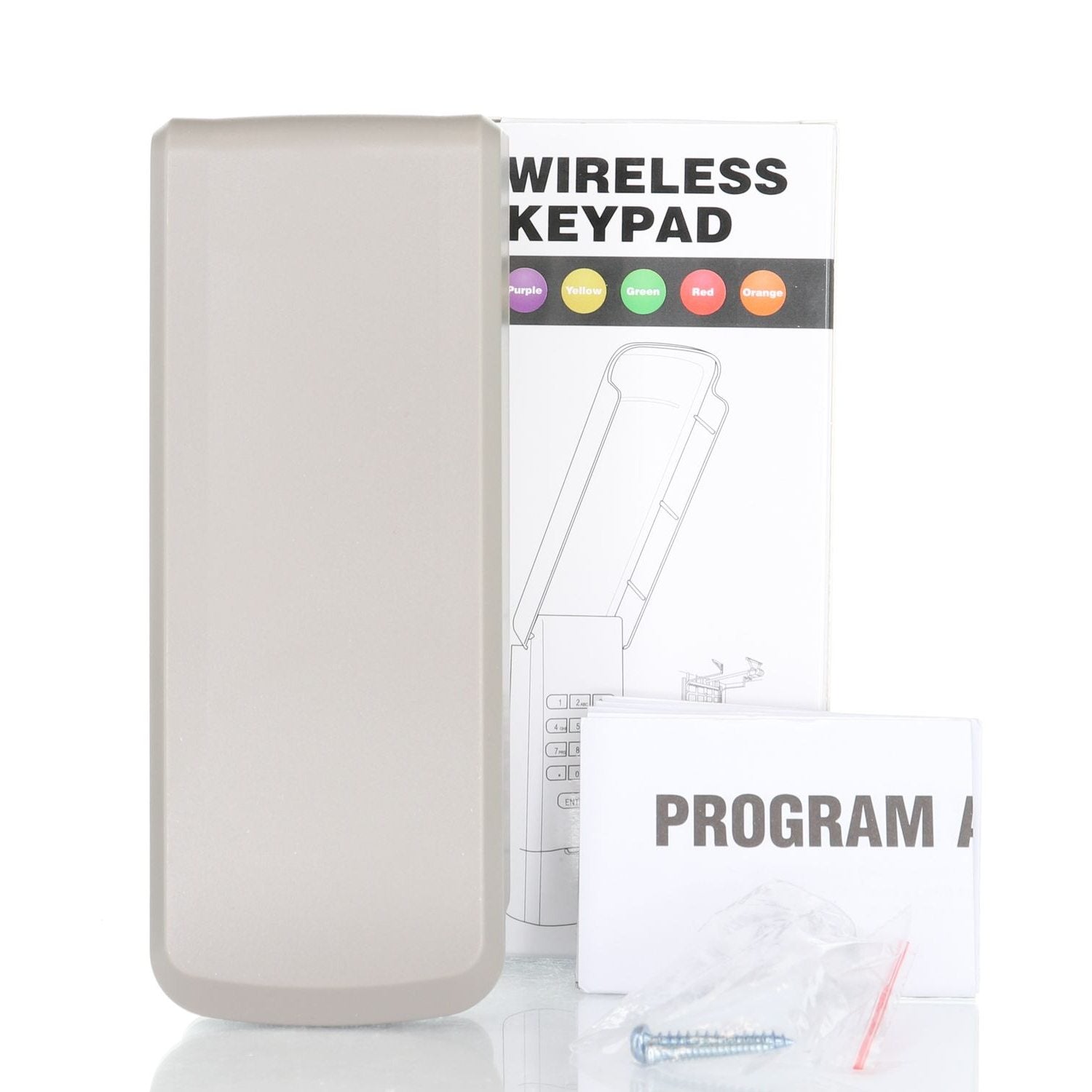 The Anderic 877MAX Keypad, compatible with Liftmaster garage door openers featuring purple, yellow, green, red, or orange learning buttons, includes a cover, box, "PROGRAM A" user manual, and installation screws for enhanced convenience.