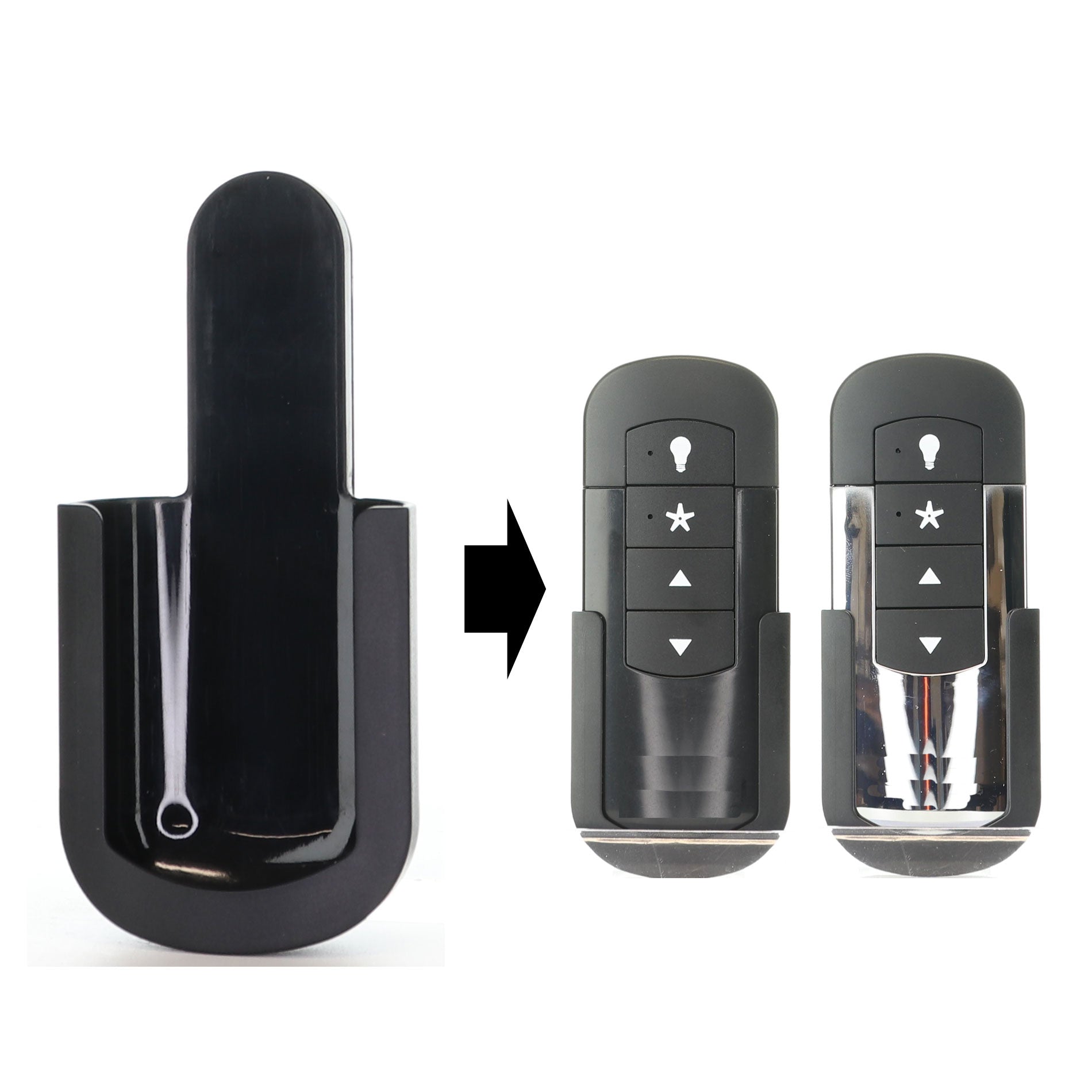 A black bracket with an arrow pointing to two similar remote holders adorned with star and arrow icons, stands against a white background. Ideal for organizing your ceiling fan remote, the Anderic 99198WM mount perfectly fits Hunter and Casablanca K6266, K6711-01, and 99795 remotes.