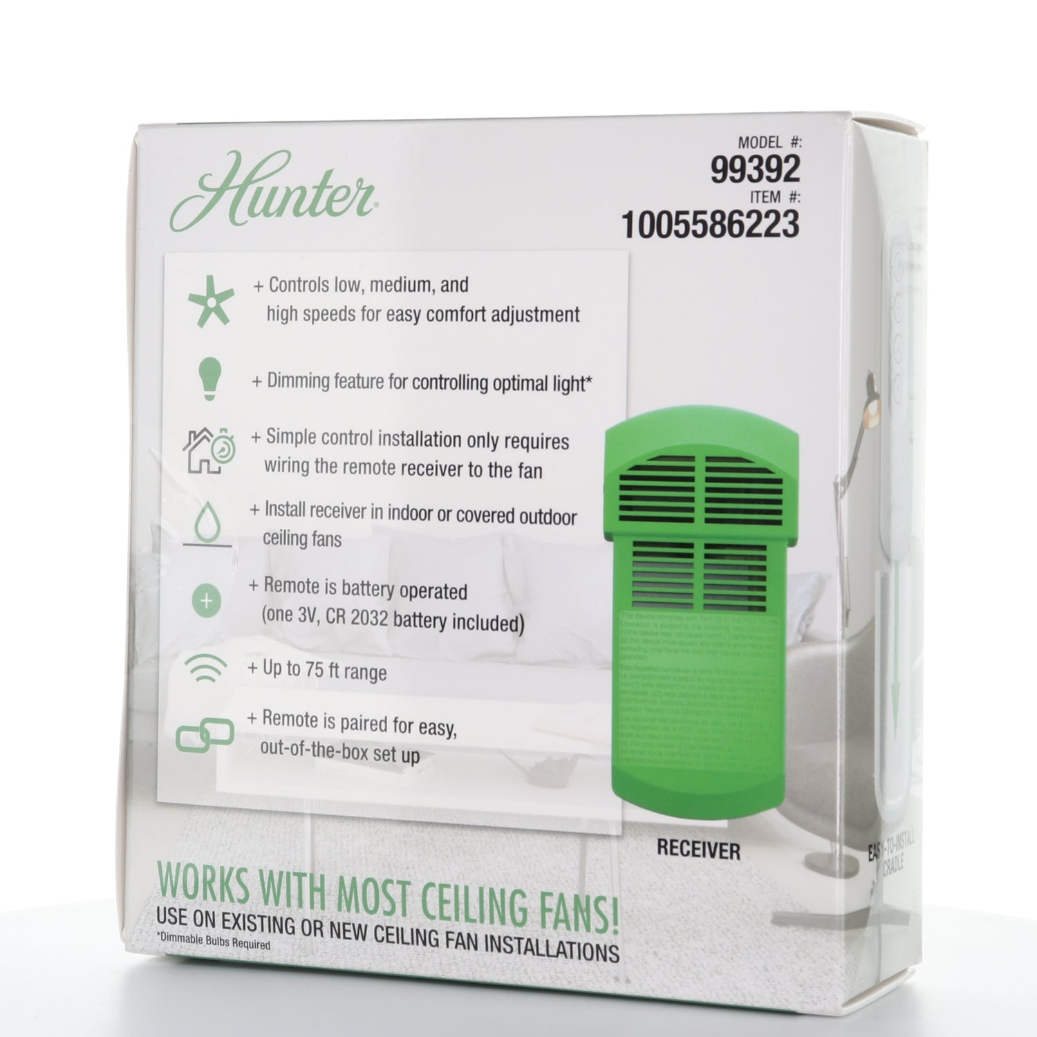 Kit de ventilador de techo universal Hunter de 3 velocidades con control remoto portátil - Blanco - Resistente a la humedad - 99392