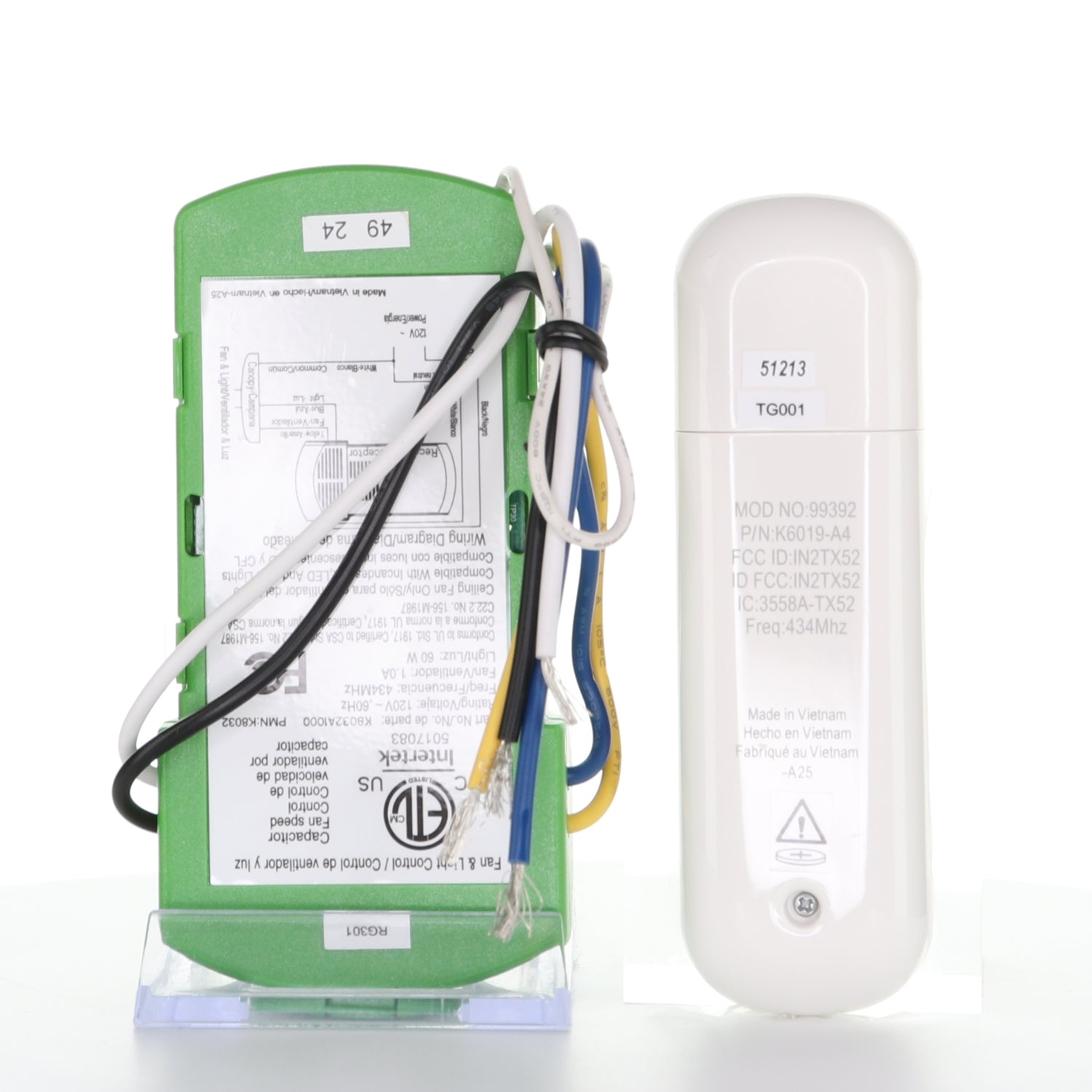 Kit de ventilador de techo universal Hunter de 3 velocidades con control remoto portátil - Blanco - Resistente a la humedad - 99392