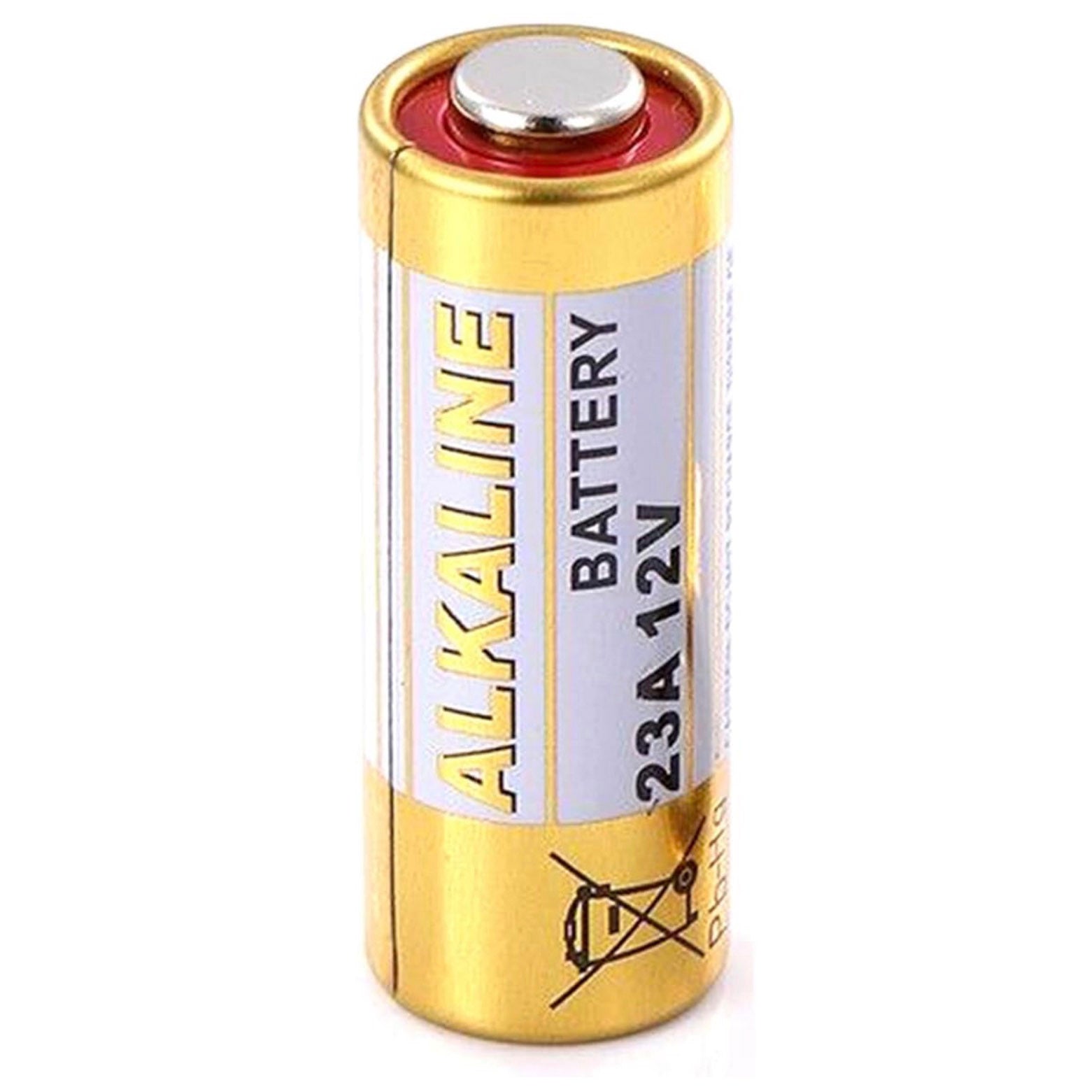 The 23a 12V Battery (1pc) features a gold and silver casing, is labeled with its specifications, and displays a disposal warning icon.
