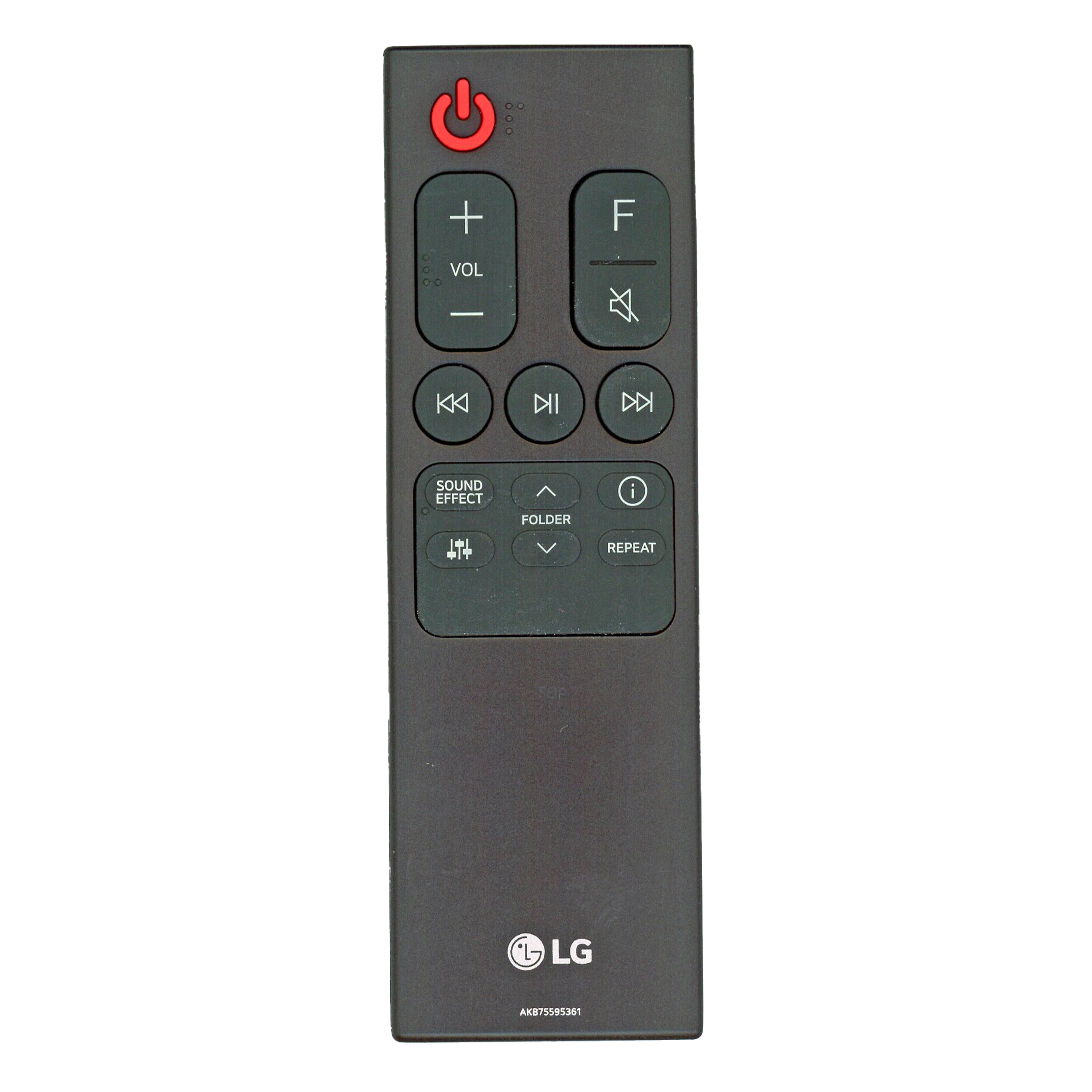 The LG AKB75595361 Sound Bar Remote Control is a black remote for LG soundbars like SNC4R, featuring buttons for power, volume, functions, playback, sound effects, mute, folder, and repeat.