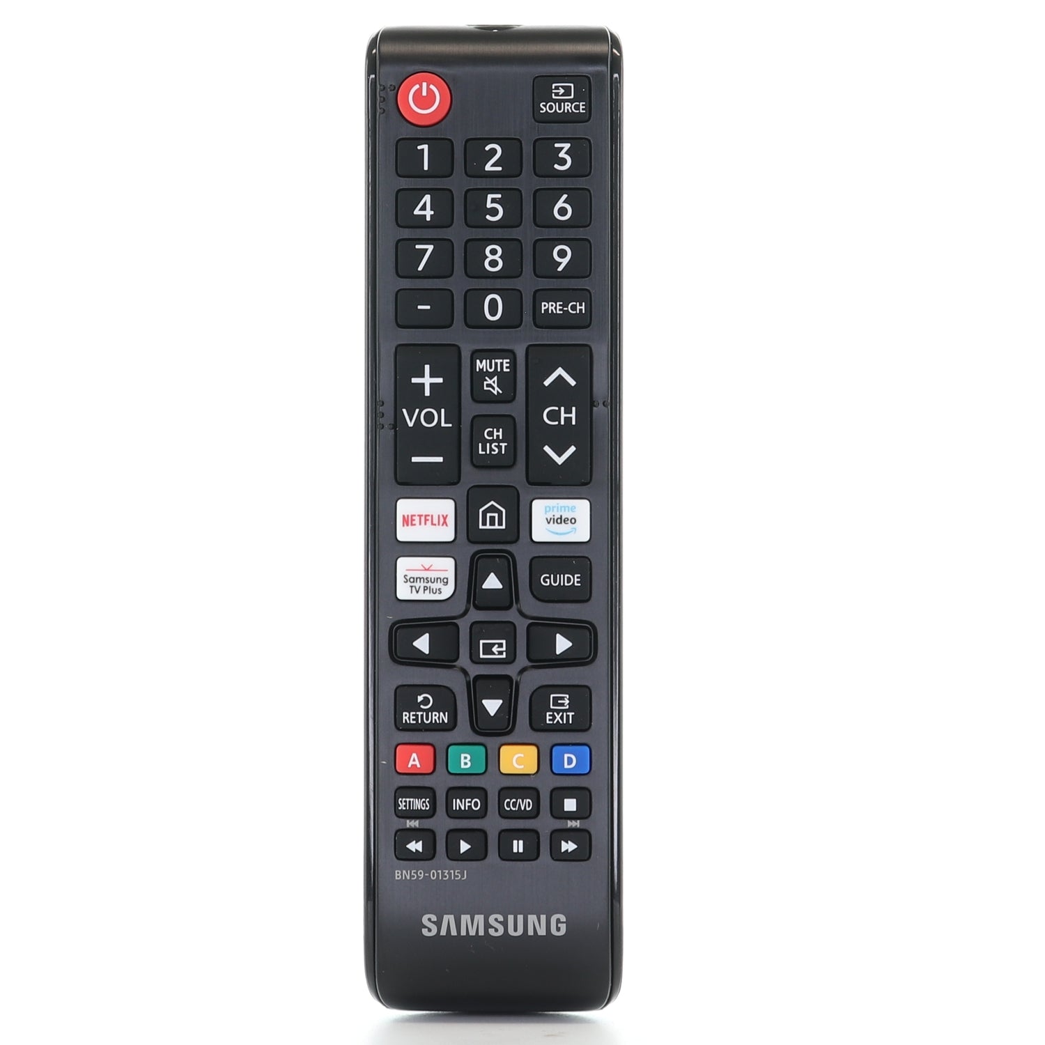The Samsung BN5901315J remote for 2018 TV models features labeled buttons for numbers, volume, channels, navigation, and streaming apps like Netflix, Prime Video, and Samsung TV Plus. Compatible with 4K Crystal UHD HDR TVs.