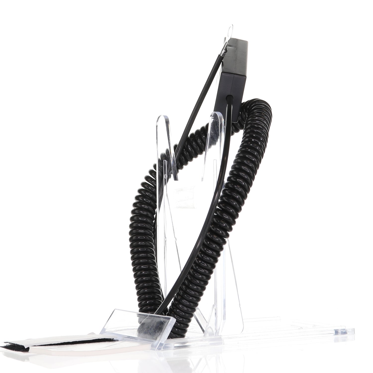 The Anderic CBL01 Universal Tether Coiled Security Cable features a black coiled design attached to a small electronic device, elegantly displayed on a clear acrylic stand against a pristine white background.