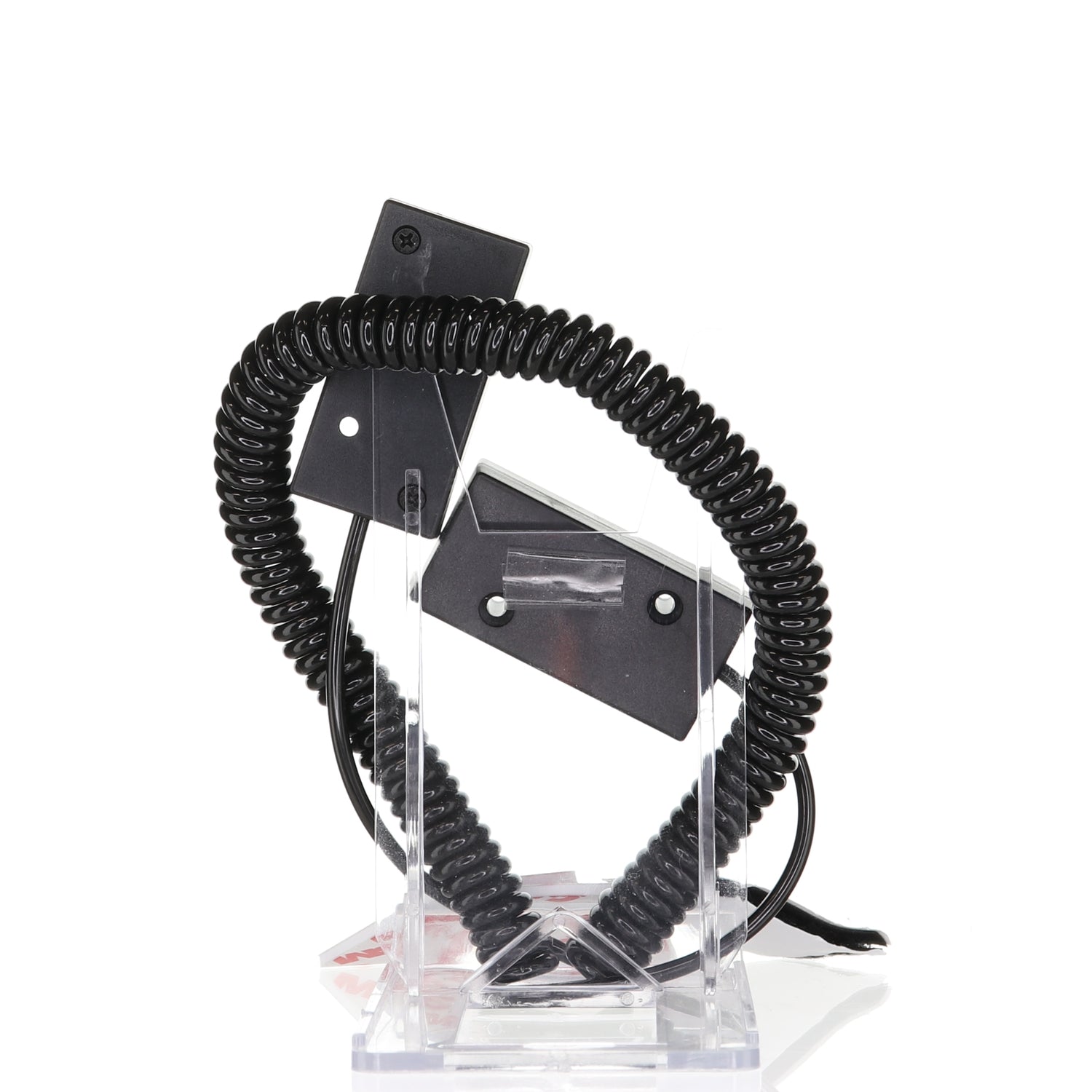 The Anderic Universal Remote Control Security Cable Tether - CBL02 elegantly hangs on a clear plastic stand, showcasing its durability and stretchability with black rectangular attachments on each end.