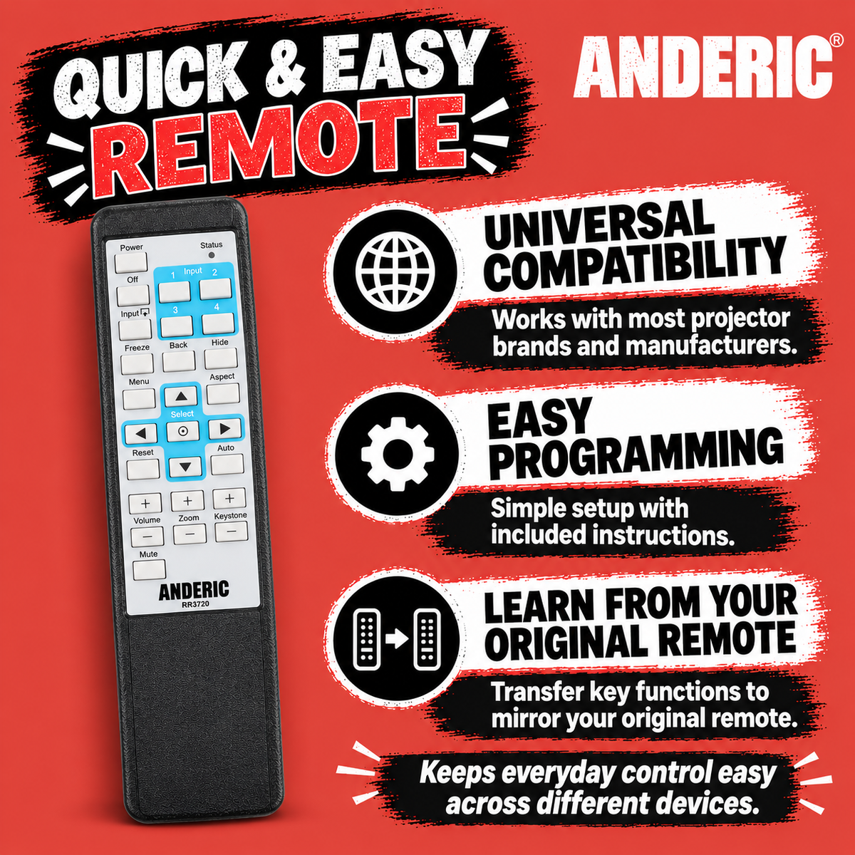 Anderic RR3720 Universal Projector Remote Control with Learning for Canon, Epson, Hitachi, Optoma, and more - RR3720
