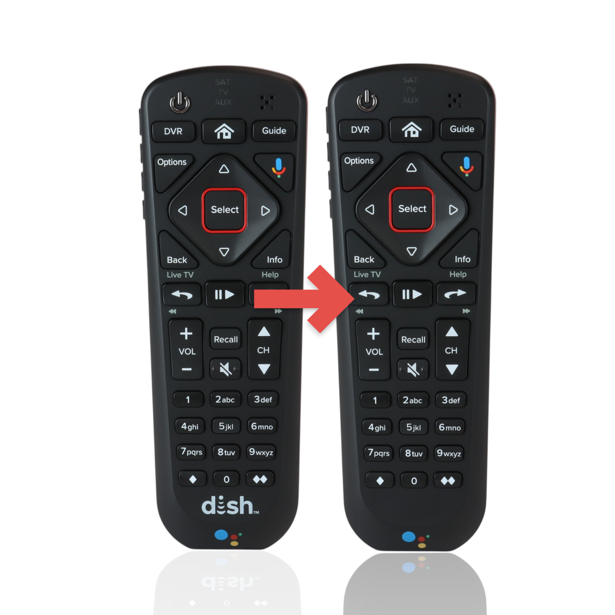 Anderic black UHF 2G remote control for Dish Hopper, Joey, and Wally receivers with Google Assistant voice button.
