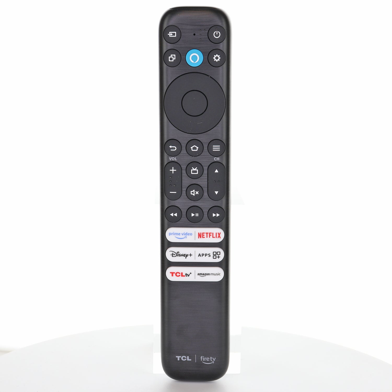 The TCL RC813 CMB1 Alexa Fire TV Remote features voice control, navigation, volume, settings, and shortcut buttons for Netflix, Prime Video, TCLtv+, Disney+, Amazon Music, and apps. Model: Q550F G0401-000249.