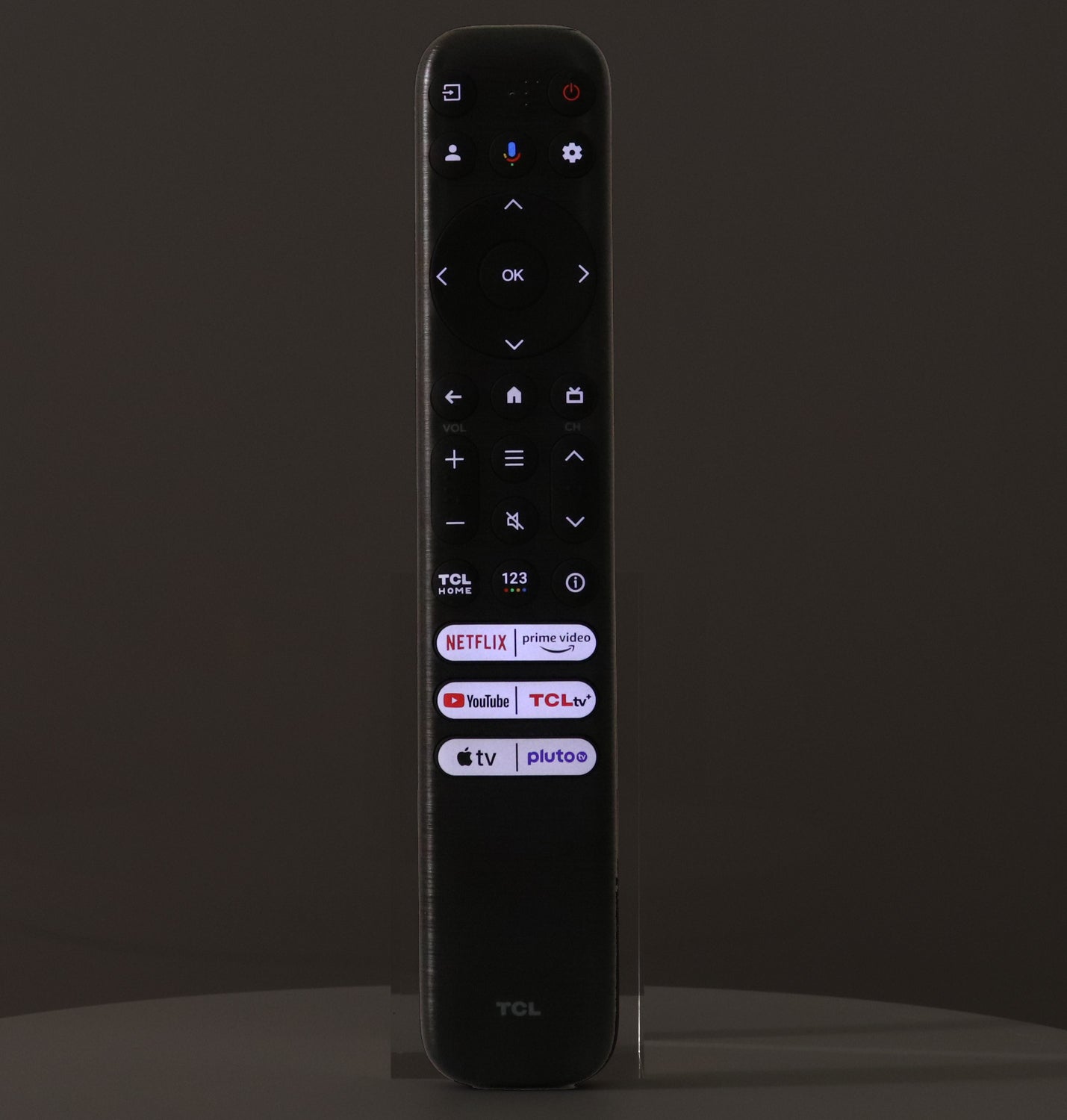The TCL RC923 FMB2 (Motion Backlight) Google TV Remote Control (2025) features buttons for Netflix, Prime Video, YouTube, TCL Channel, Apple TV, and Pluto TV. Perfect for easy control of your TCL QD-Mini LED Smart TV.