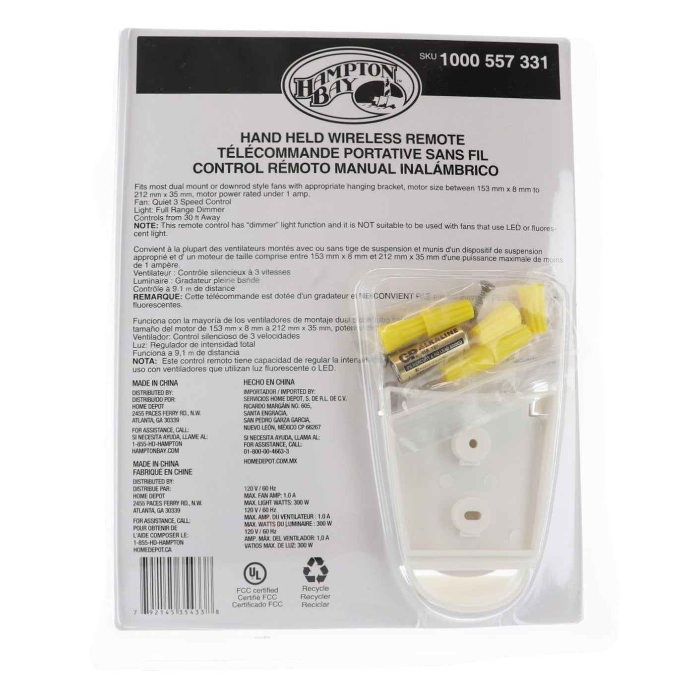 Kit de télécommande universelle pour ventilateur de plafond à 3 vitesses Hampton Bay