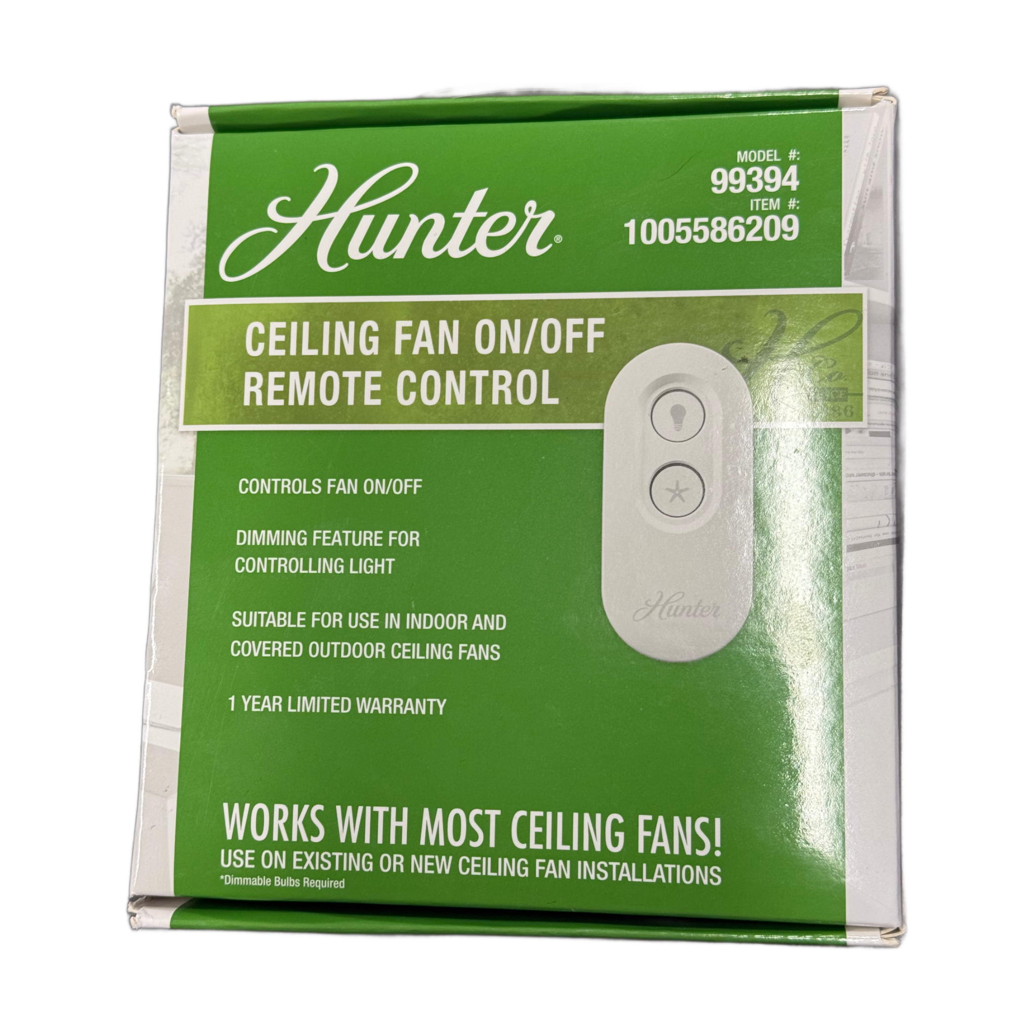 Hunter Universal On/Off Damp Rated Ceiling Fan Remote Control White - 99394 K6018-02