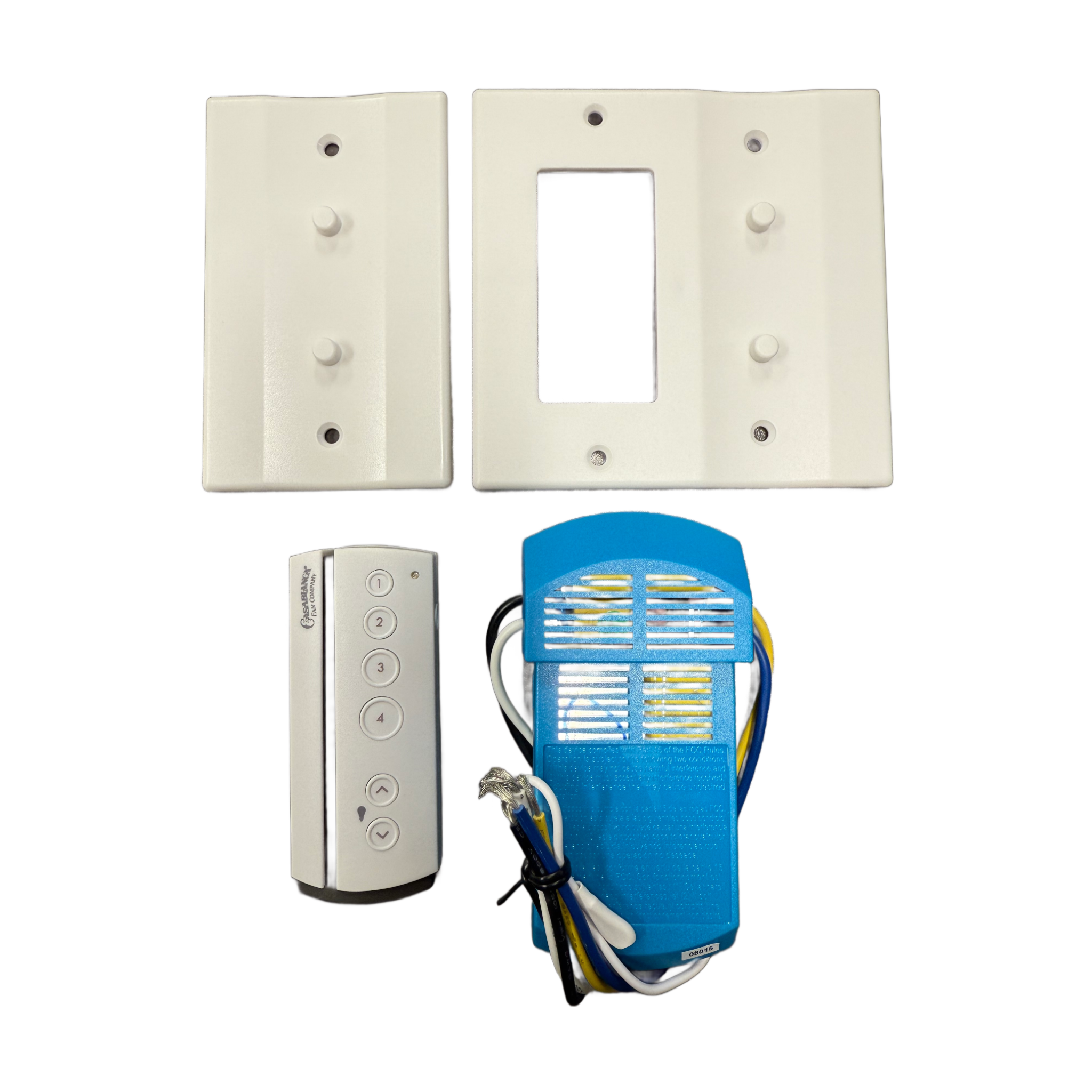 The Casablanca Universal 4-Speed Fan Control System Kit (99019) includes two white wall plates, a blue ceiling fan receiver with wires, and a white handheld remote for integrated fan controls.