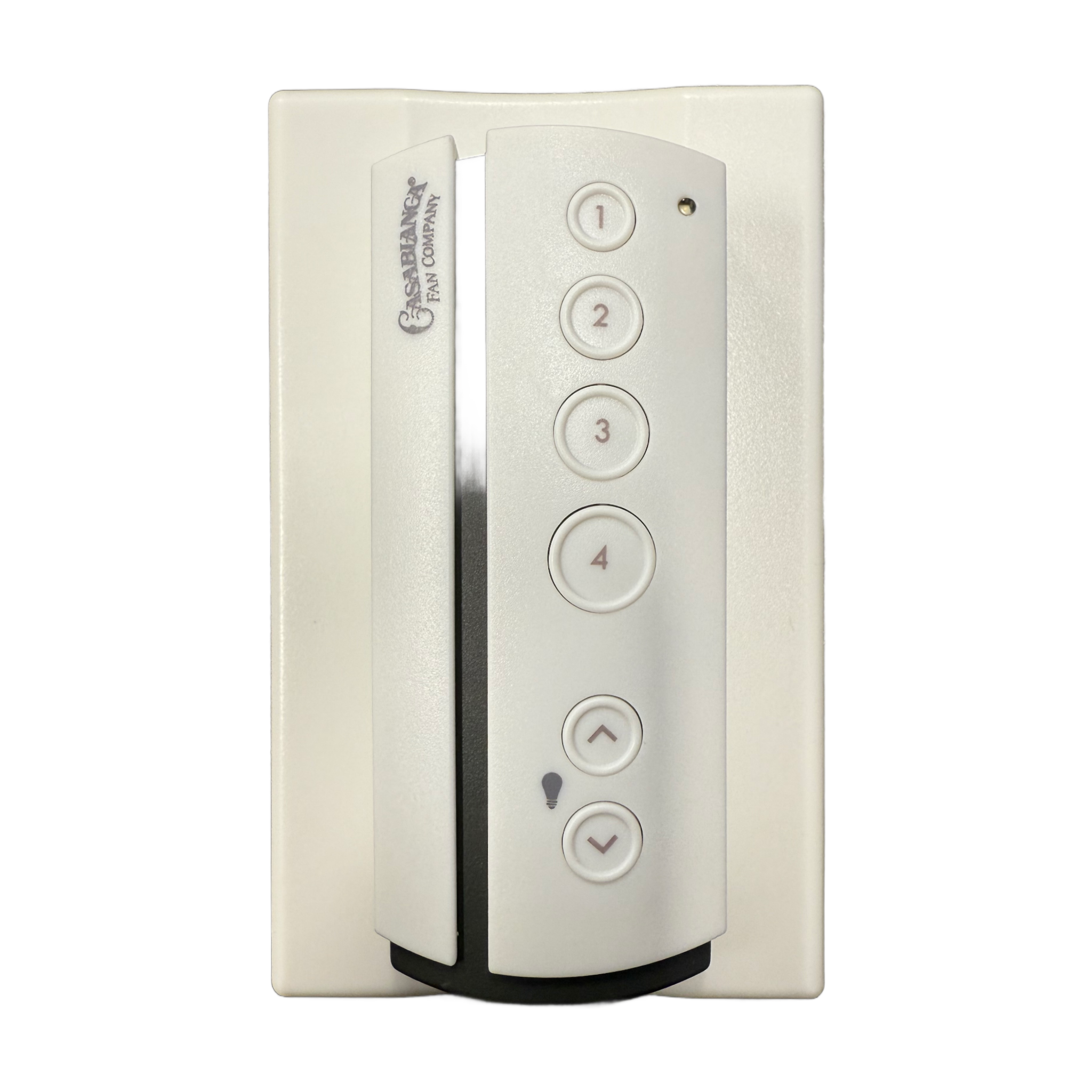 The Casablanca Universal 4-Speed Fan Control System with Receiver and Remote Control Kit (99019) features a wall-mounted remote with five numbered buttons, two arrow buttons, and an indicator light, compatible with Somfy motorized systems.