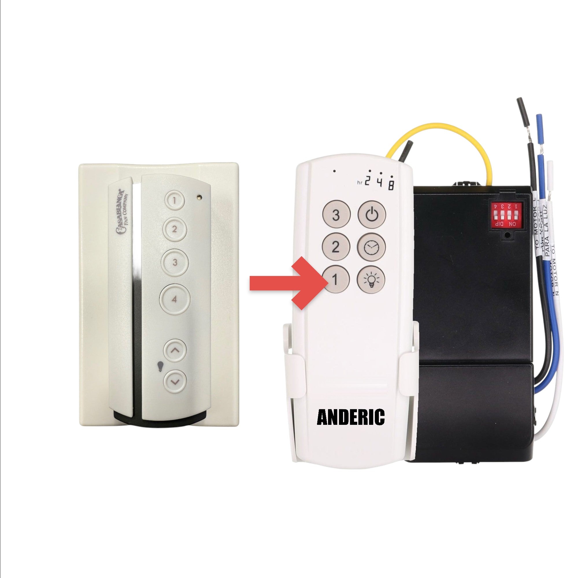 The Casablanca Universal 4-Speed Fan Control System with Receiver and Remote Control Kit (99019) features a wall-mounted remote with five numbered buttons, two arrow buttons, and an indicator light, compatible with Somfy motorized systems.