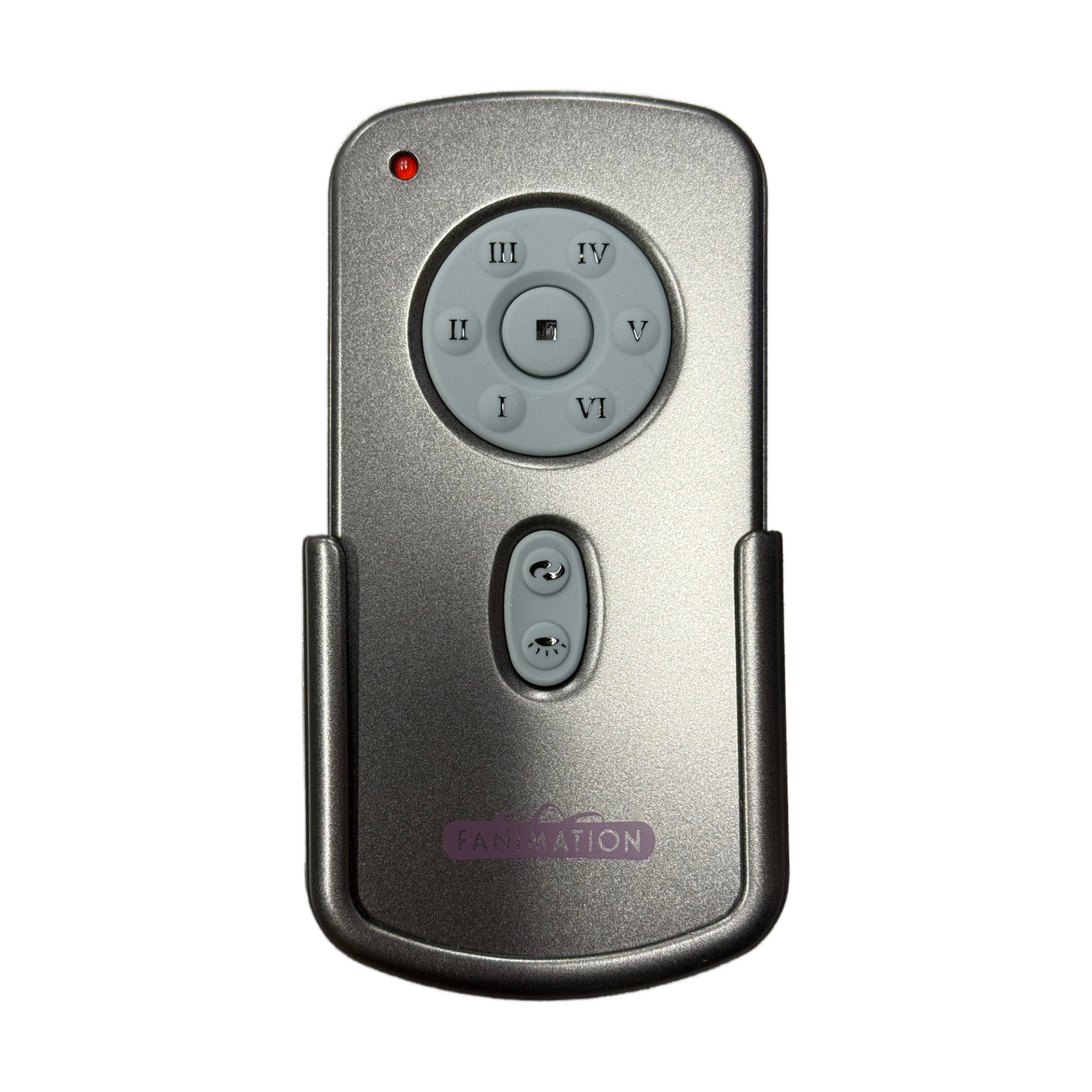The Fanimation RH787T Gray Hand Held DC Motor Ceiling Fan Remote Control - TR29 features six labeled speed buttons, two extra buttons, a small red indicator light, and the Fanimation logo at the bottom.