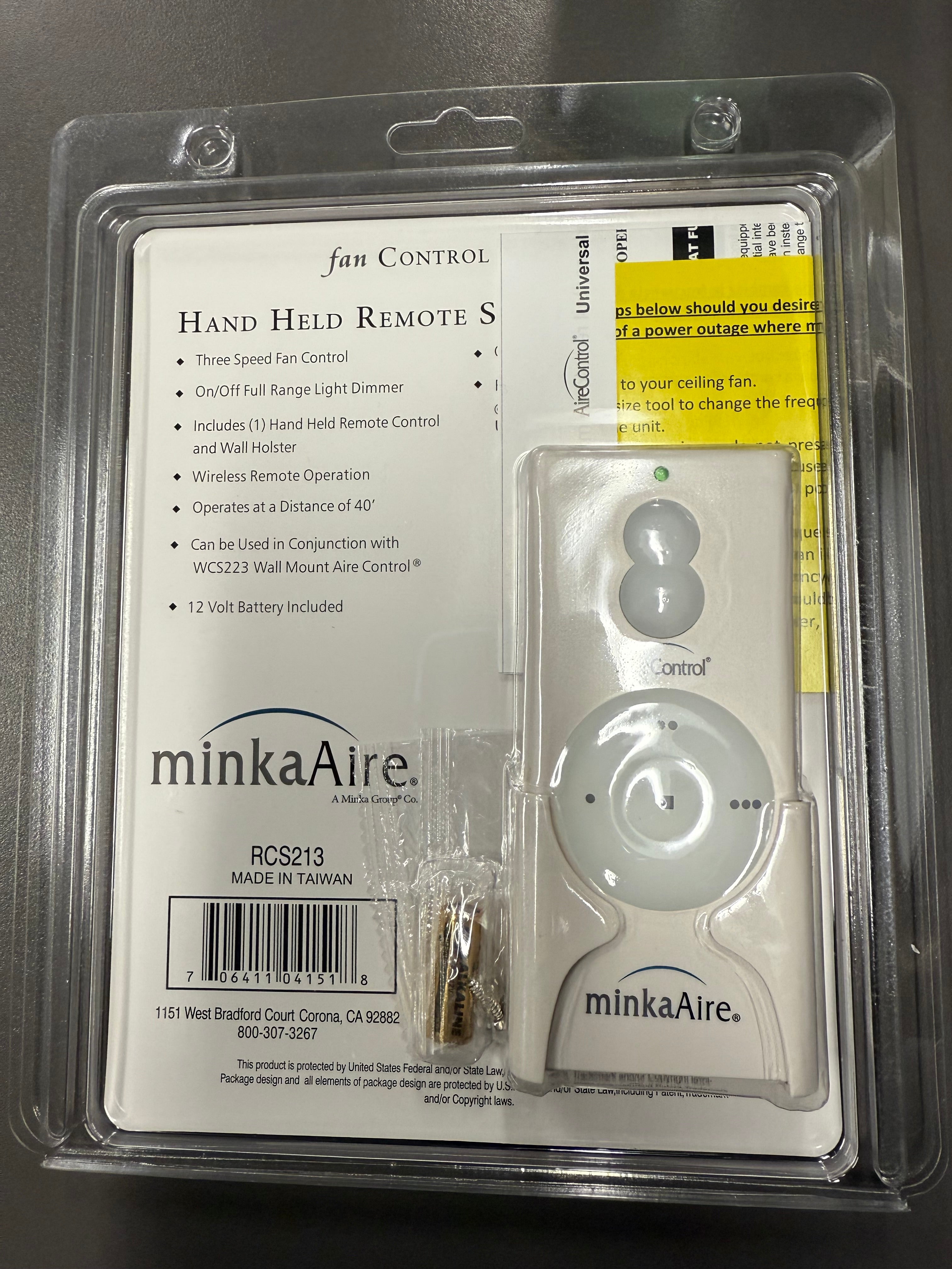 Minka-Aire 3-Speed 256 Bit Handheld Ceiling Fan Remote Control - White - RCS213, TR110A, KUJCE10007